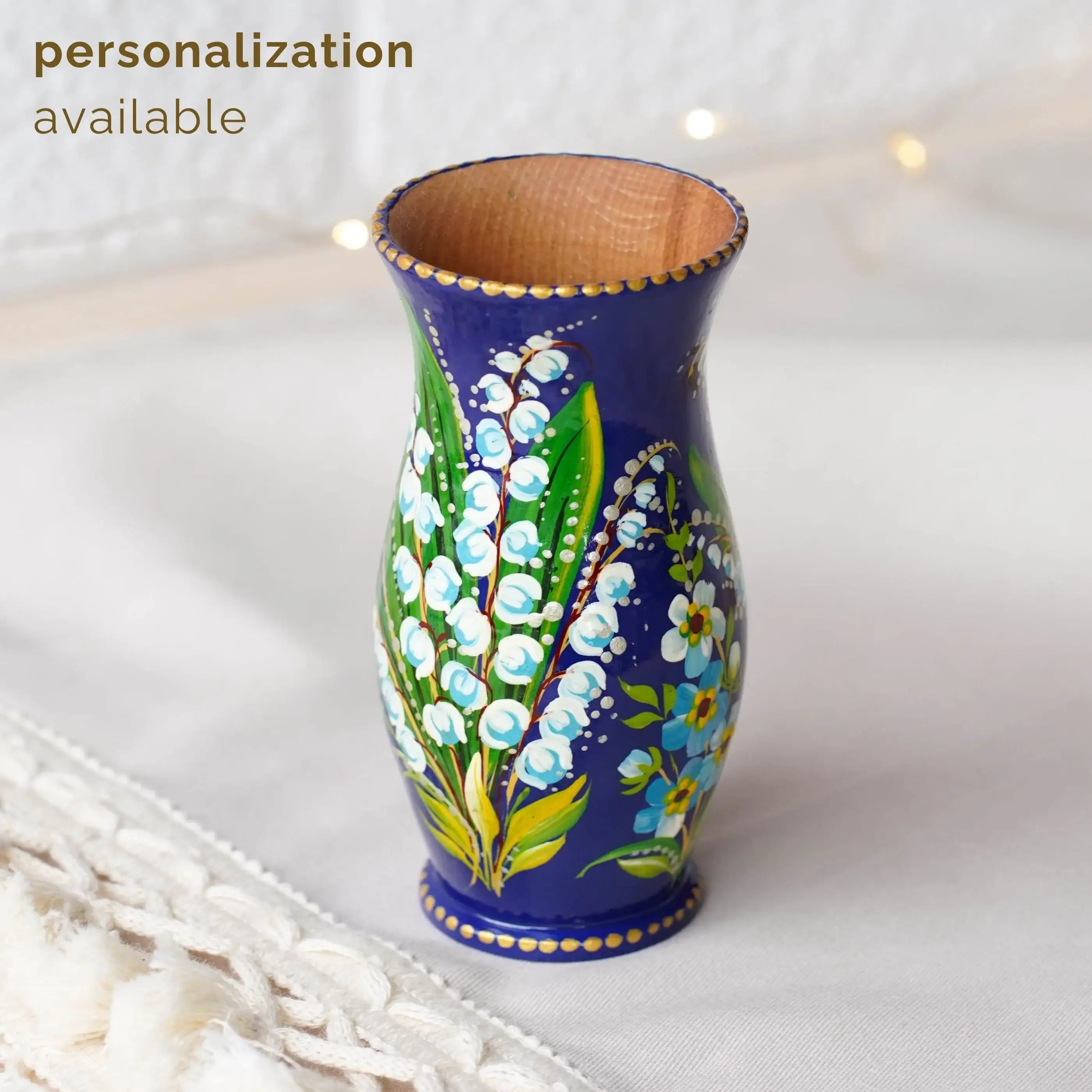 Painted Wooden Vase for Dried Flowers 4.7 in - Small Artisanal Lily of the Valley and Forget-me-not Personalized Vase, Blue