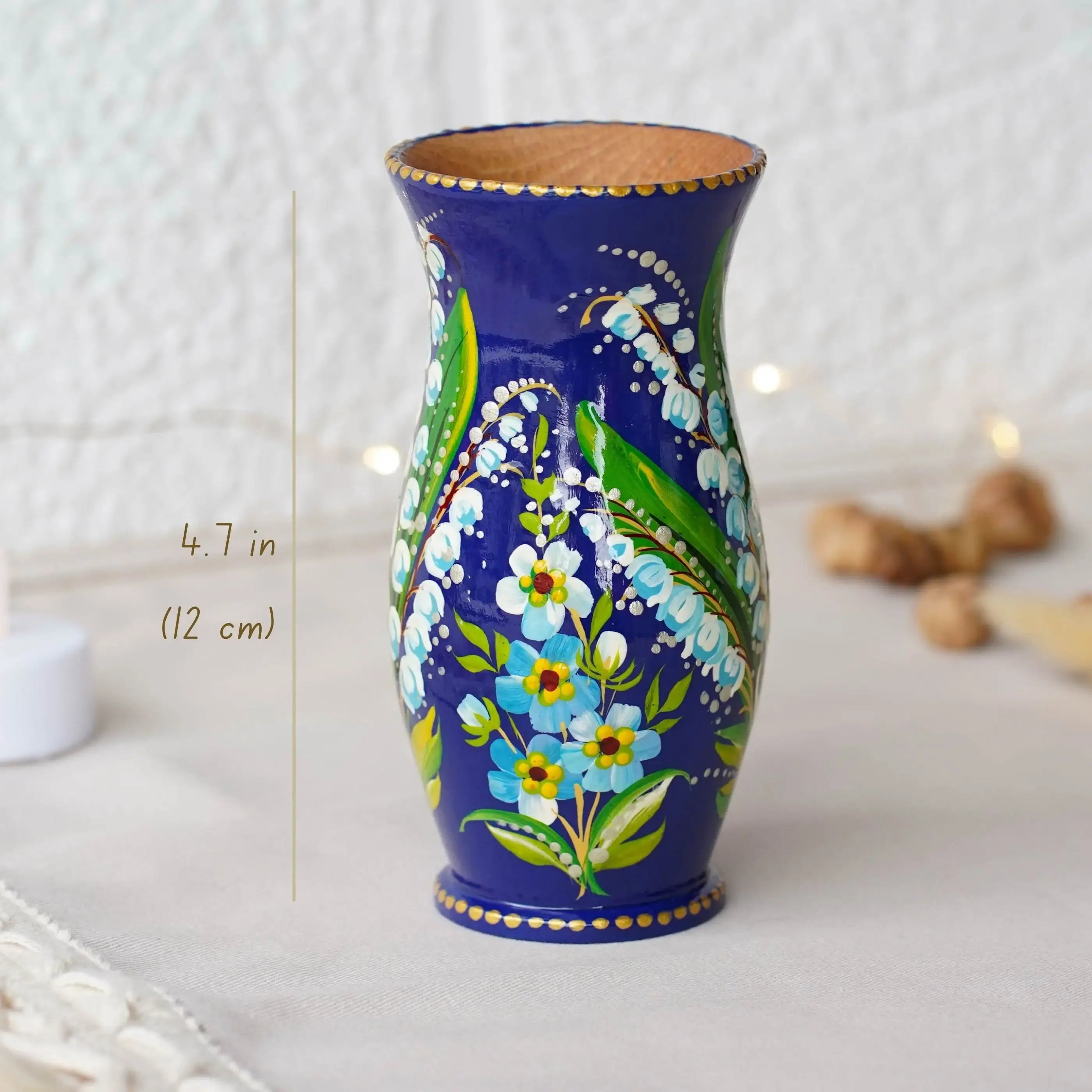 Painted Wooden Vase for Dried Flowers 4.7 in - Small Artisanal Lily of the Valley and Forget-me-not Personalized Vase, Blue