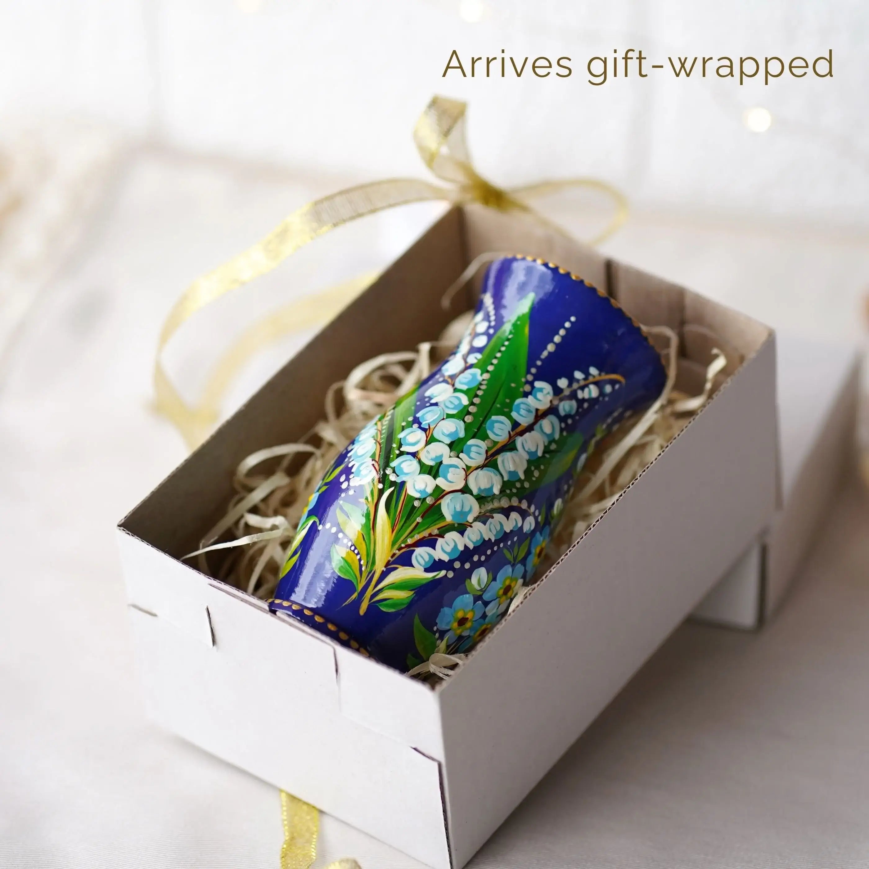 Painted Wooden Vase for Dried Flowers 4.7 in - Small Artisanal Lily of the Valley and Forget-me-not Personalized Vase, Blue