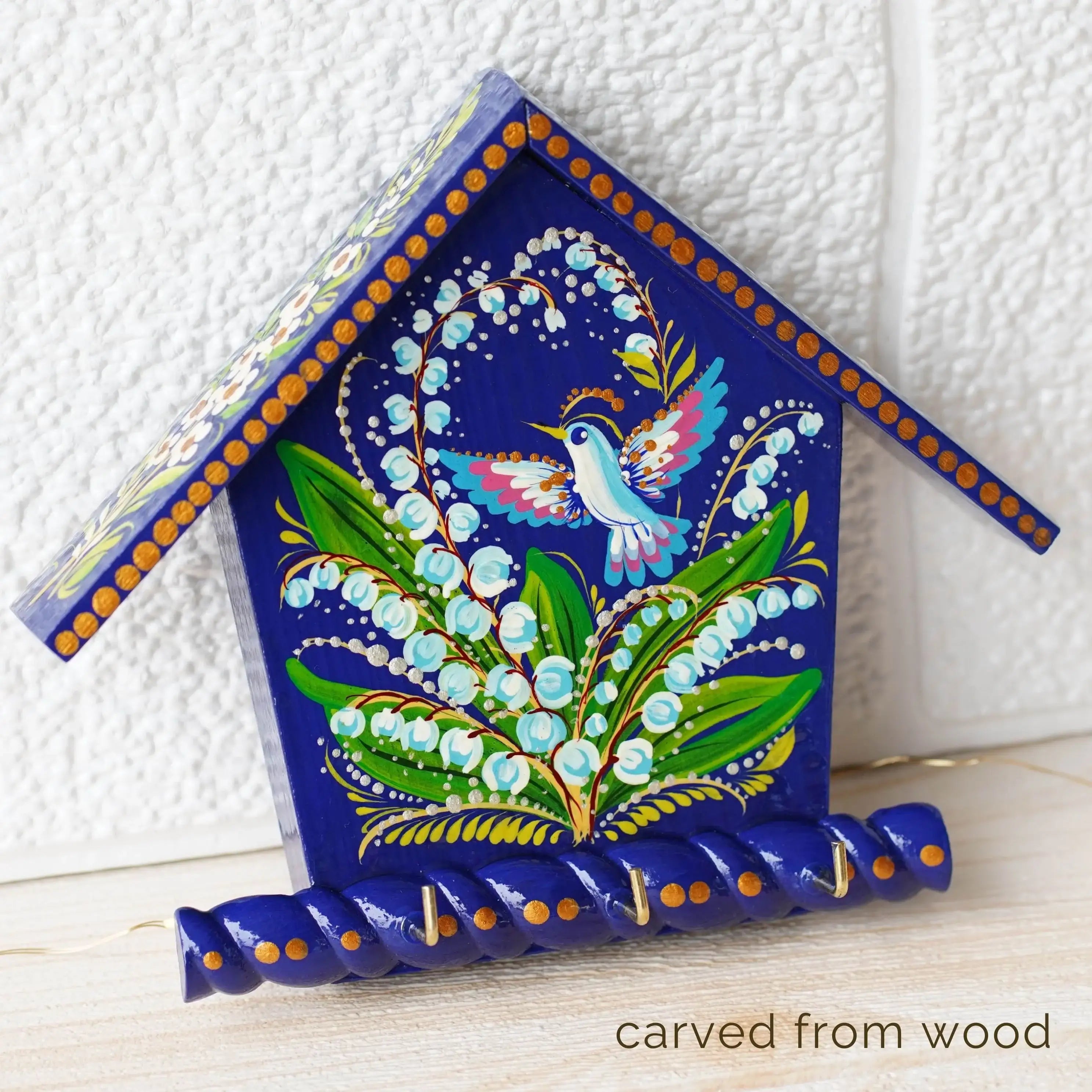 Wooden Painted Key Holder for Wall - Blue Flower Lilly of the Valley and Pigeon Bird Key Hanger for Wall, House-shaped