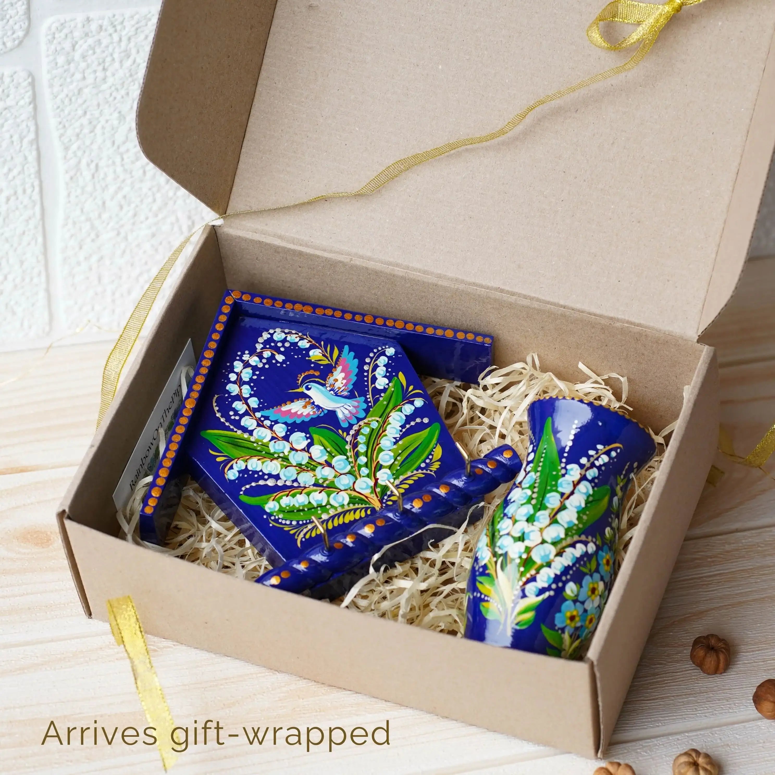 Wooden Painted Key Holder for Wall - Blue Flower Lilly of the Valley and Pigeon Bird Key Hanger for Wall, House-shaped