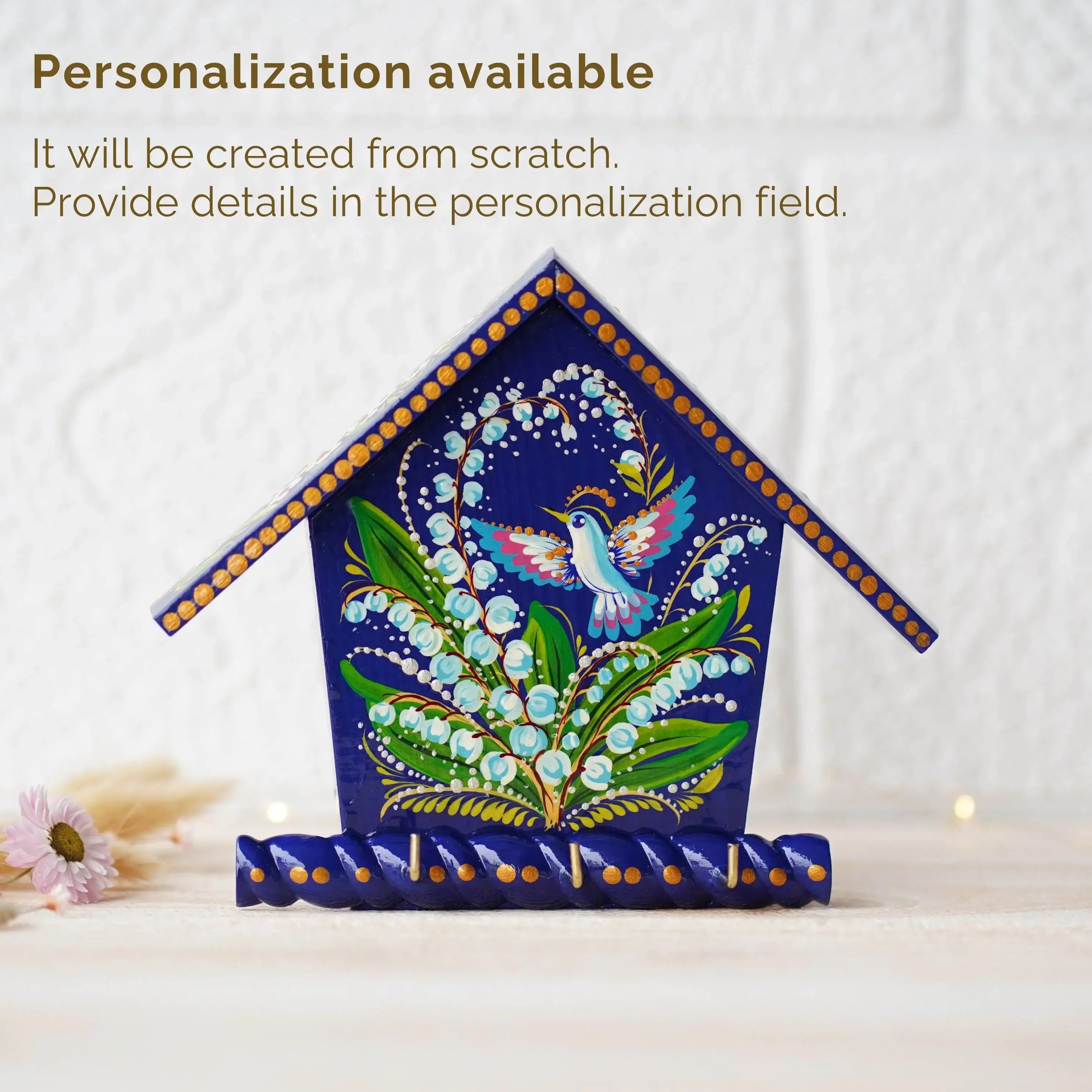 Wooden Painted Key Holder for Wall - Blue Flower Lilly of the Valley and Pigeon Bird Key Hanger for Wall, House-shaped
