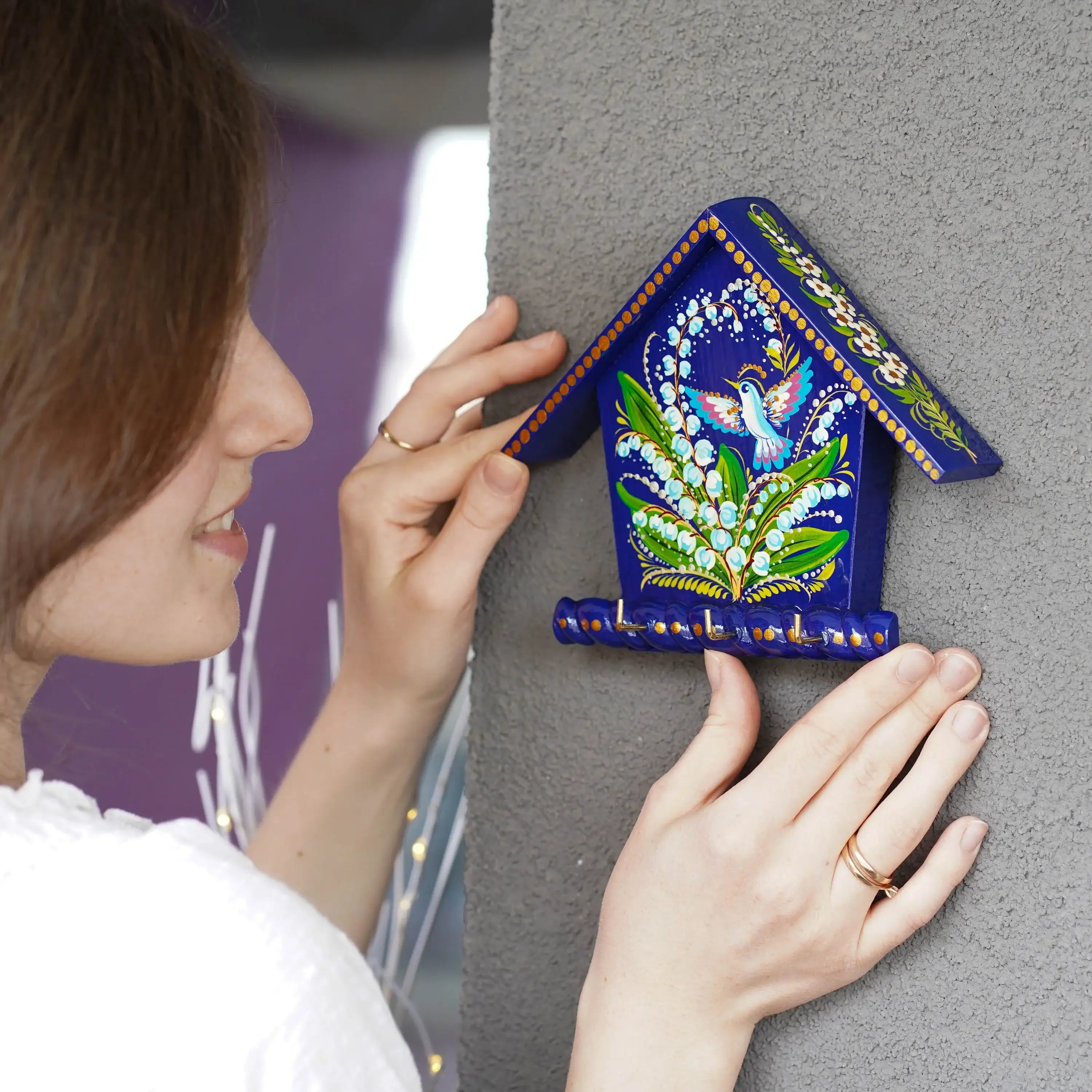 Wooden Painted Key Holder for Wall - Blue Flower Lilly of the Valley and Pigeon Bird Key Hanger for Wall, House-shaped