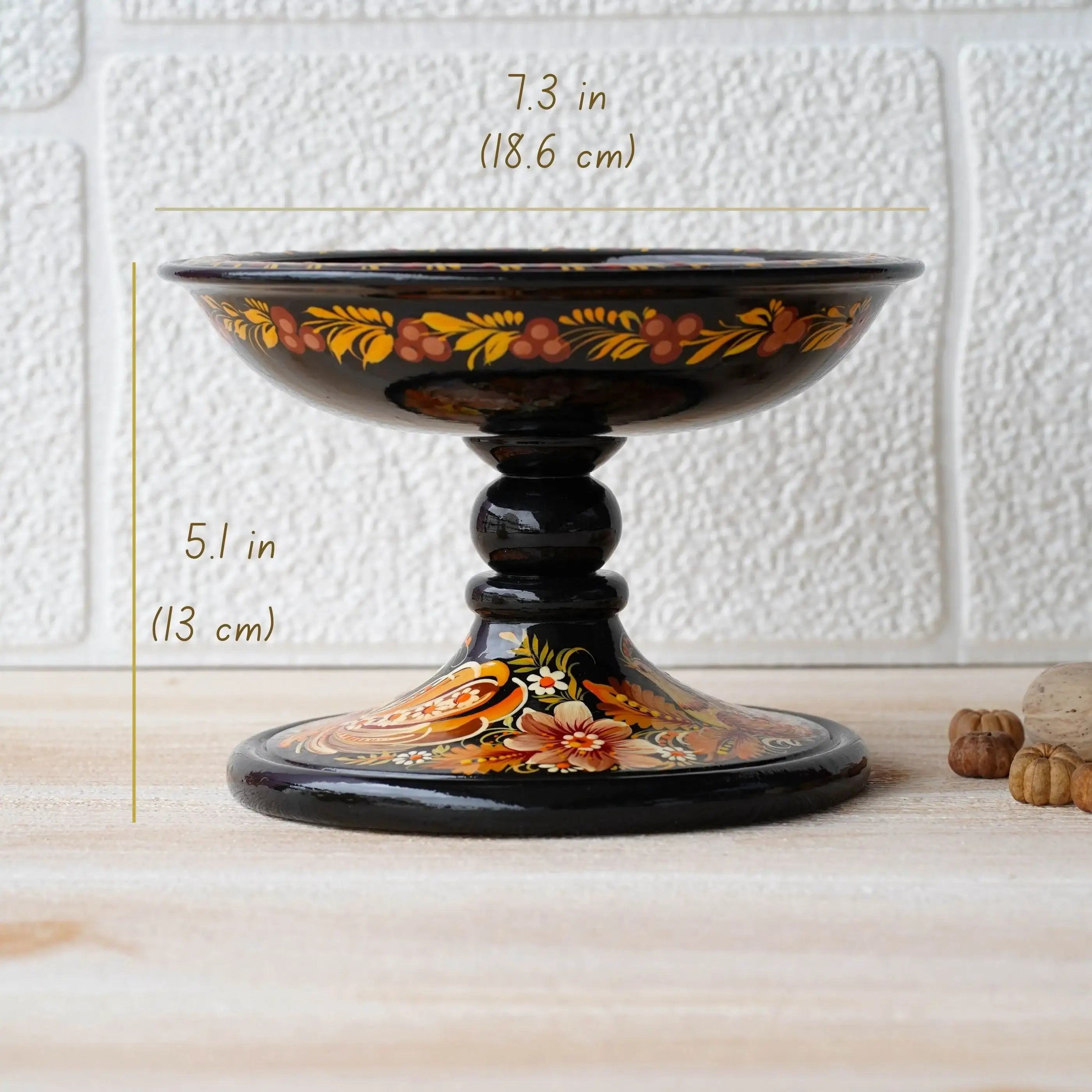 Painted Wooden Pedestal Bowl - Handmade Orange Fairy Bird Multifunctional Decorative Bowl for Candies, Keys, Jewelry, Décor, Petrykivka Art
