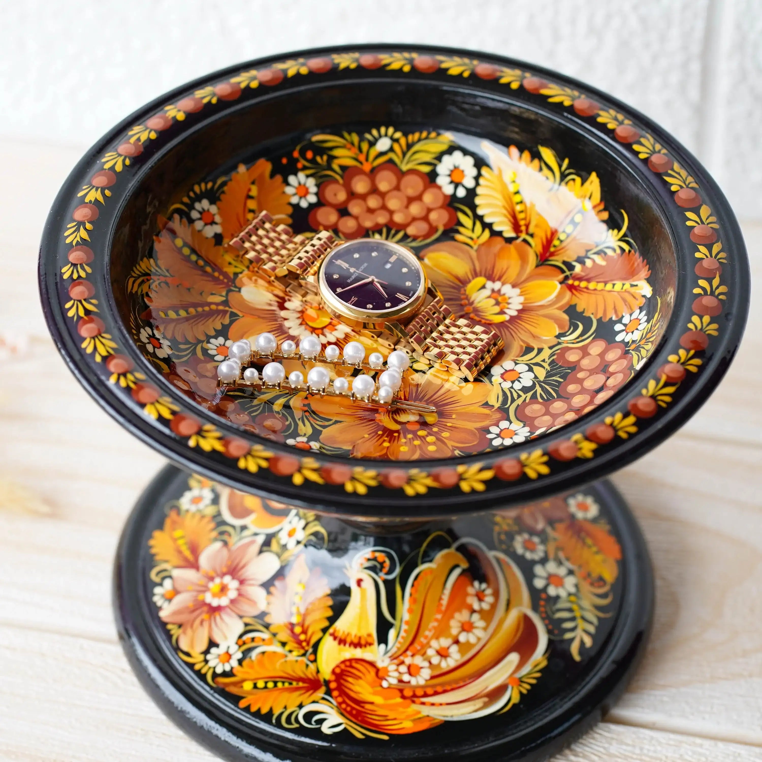 Painted Wooden Pedestal Bowl - Handmade Orange Fairy Bird Multifunctional Decorative Bowl for Candies, Keys, Jewelry, Décor, Petrykivka Art