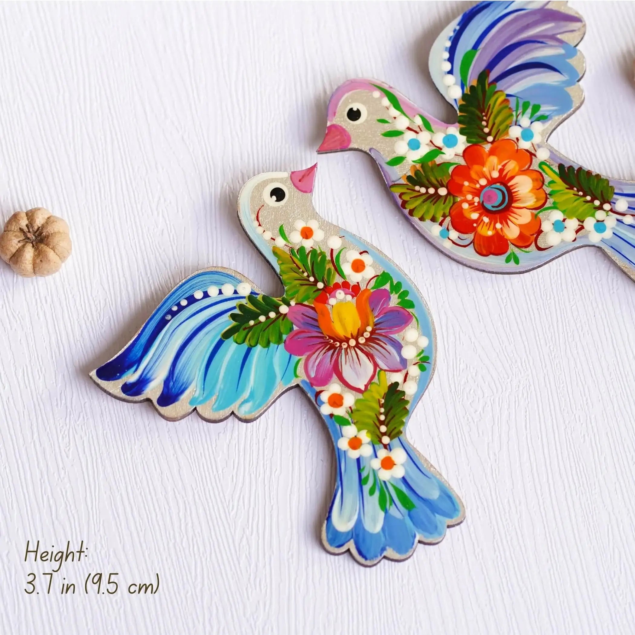 Set of 2 Painted Wooden Fridge Magnets - Personalized Petrykivka Painted Bird Magnets, Handmade Ukrainian Dove / Pigeon Magnets