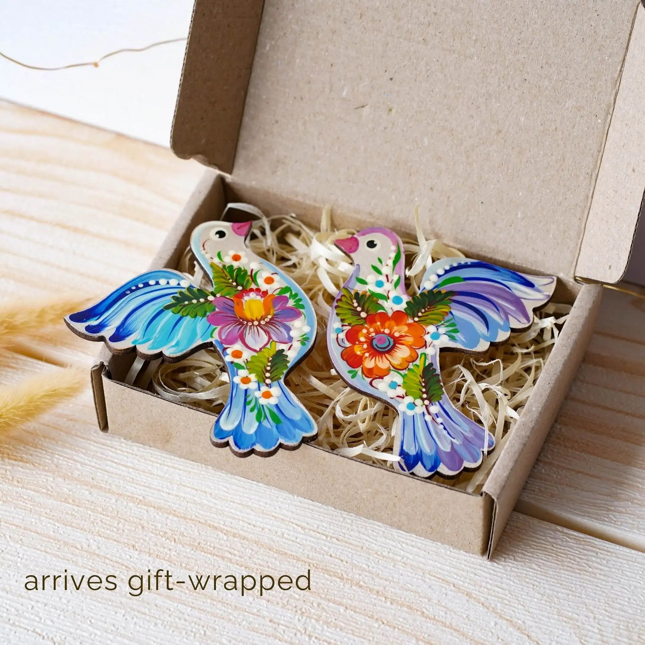 Set of 2 Painted Wooden Fridge Magnets - Personalized Petrykivka Painted Bird Magnets, Handmade Ukrainian Dove / Pigeon Magnets