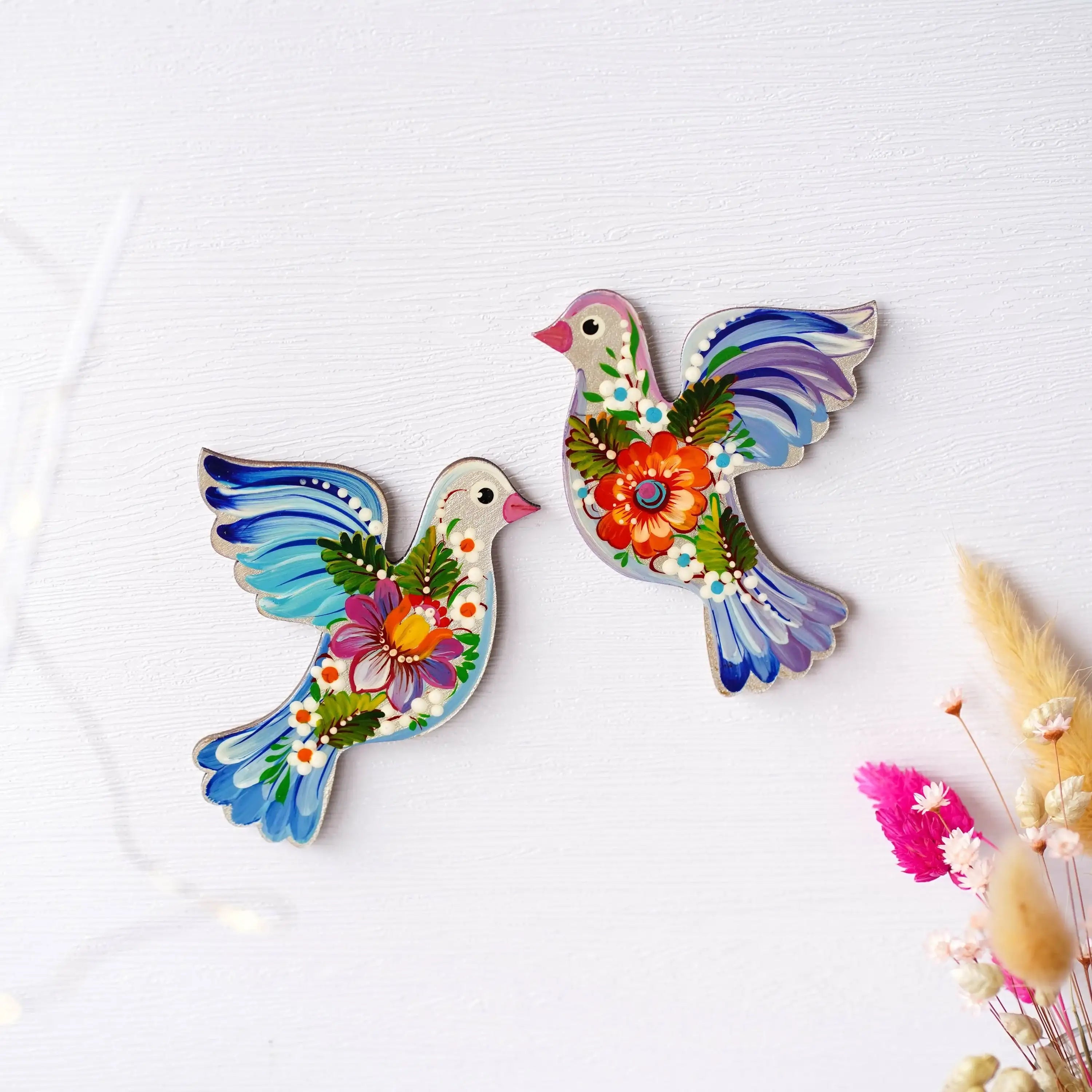 Set of 2 Painted Wooden Fridge Magnets - Personalized Petrykivka Painted Bird Magnets, Handmade Ukrainian Dove / Pigeon Magnets
