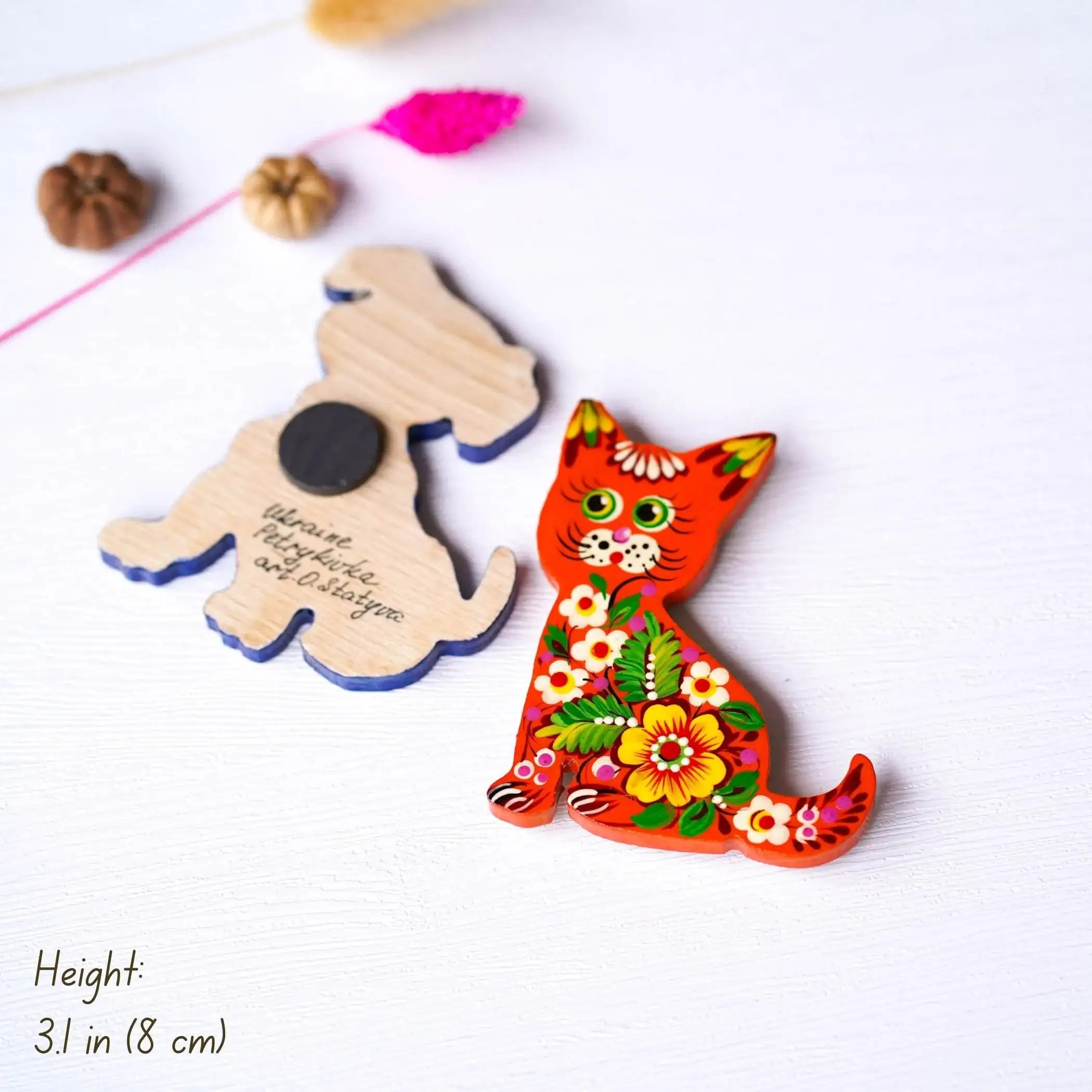 Painted Wooden Fridge Magnet - Personalized Cat & Dog Petrykivka Magnets, Handmade Ukrainian Funny Animal Silhouette Magnet