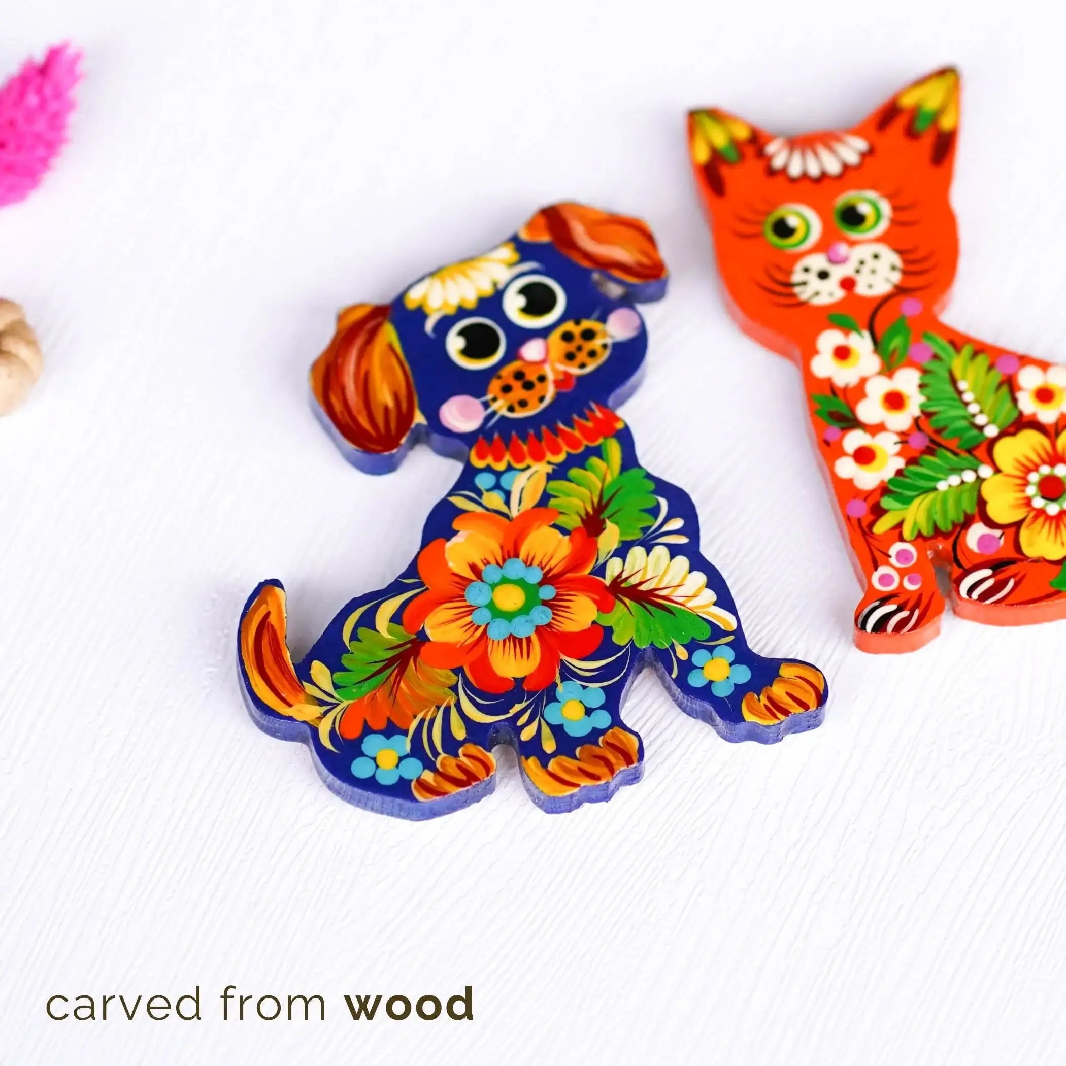 Painted Wooden Fridge Magnet - Personalized Cat & Dog Petrykivka Magnets, Handmade Ukrainian Funny Animal Silhouette Magnet