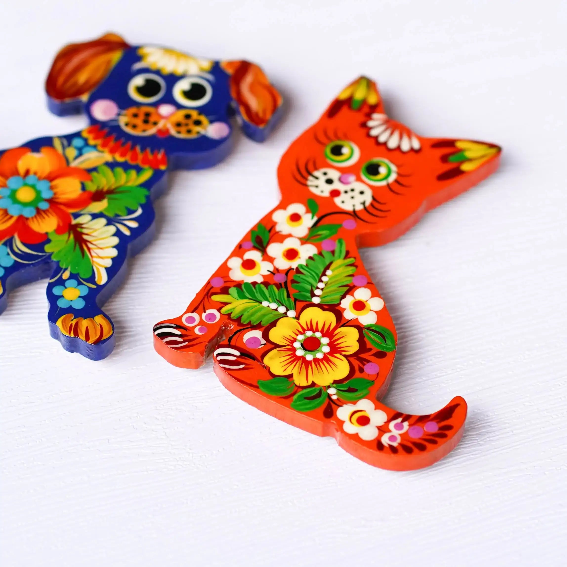 Painted Wooden Fridge Magnet - Personalized Cat & Dog Petrykivka Magnets, Handmade Ukrainian Funny Animal Silhouette Magnet