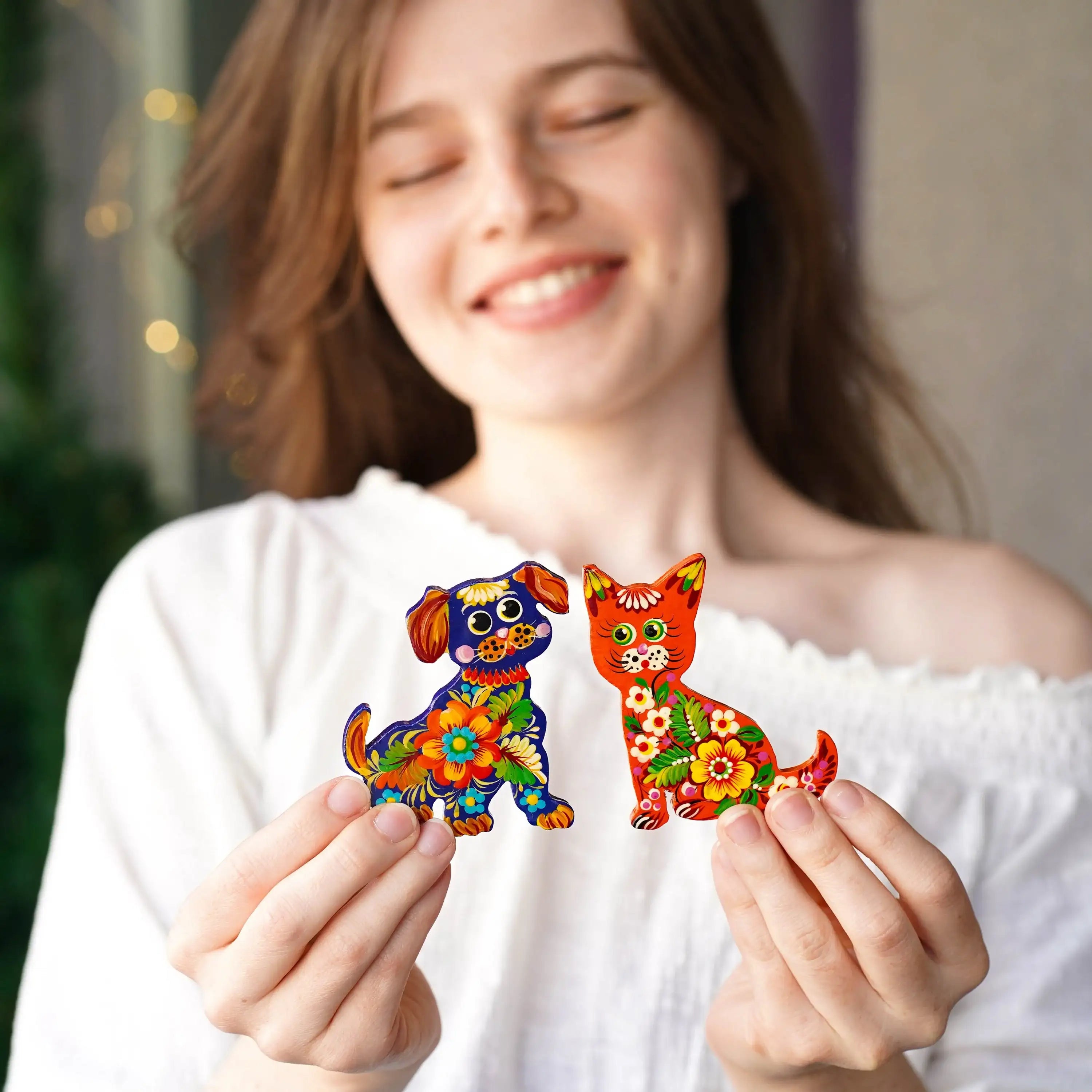 Painted Wooden Fridge Magnet - Personalized Cat & Dog Petrykivka Magnets, Handmade Ukrainian Funny Animal Silhouette Magnet
