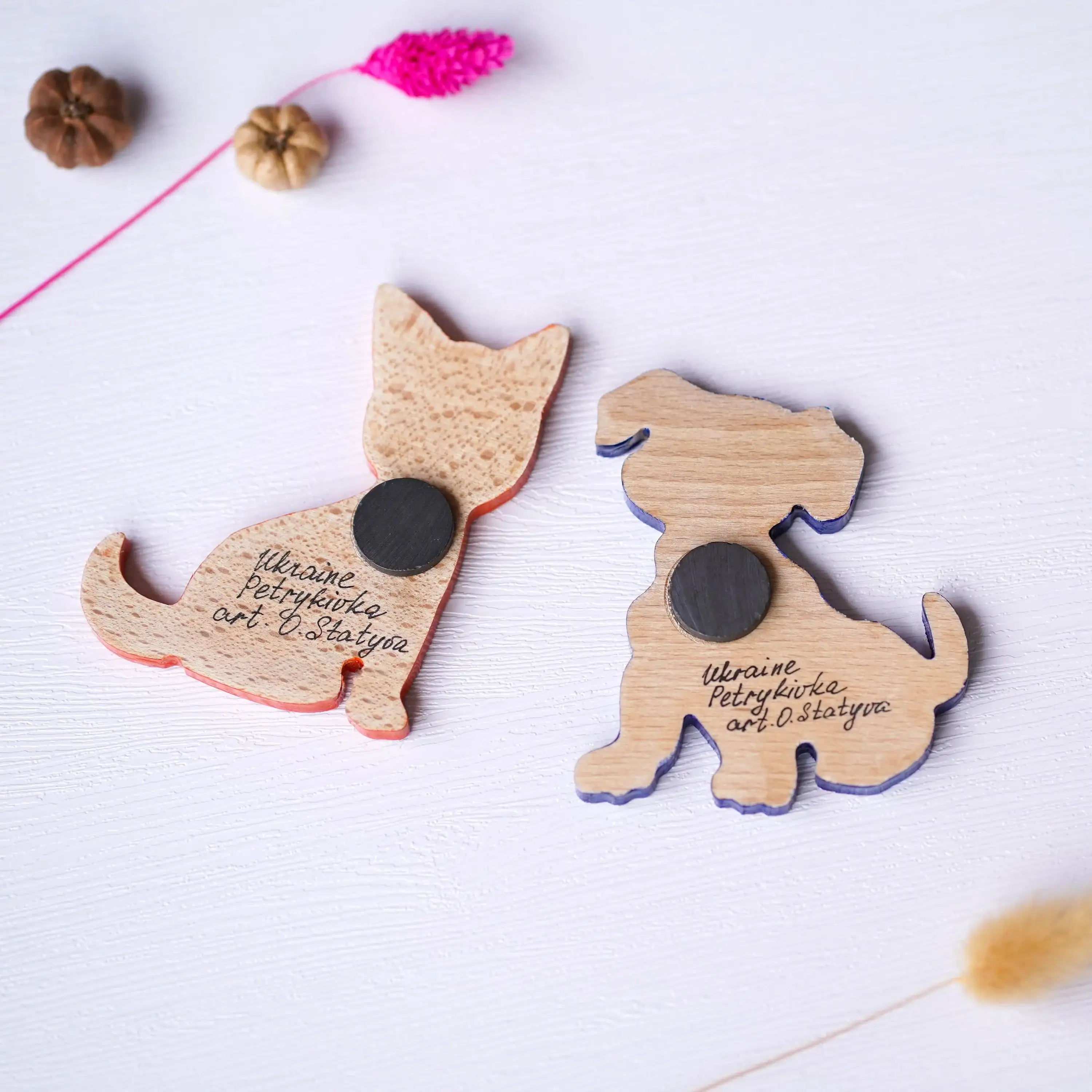 Painted Wooden Fridge Magnet - Personalized Cat & Dog Petrykivka Magnets, Handmade Ukrainian Funny Animal Silhouette Magnet