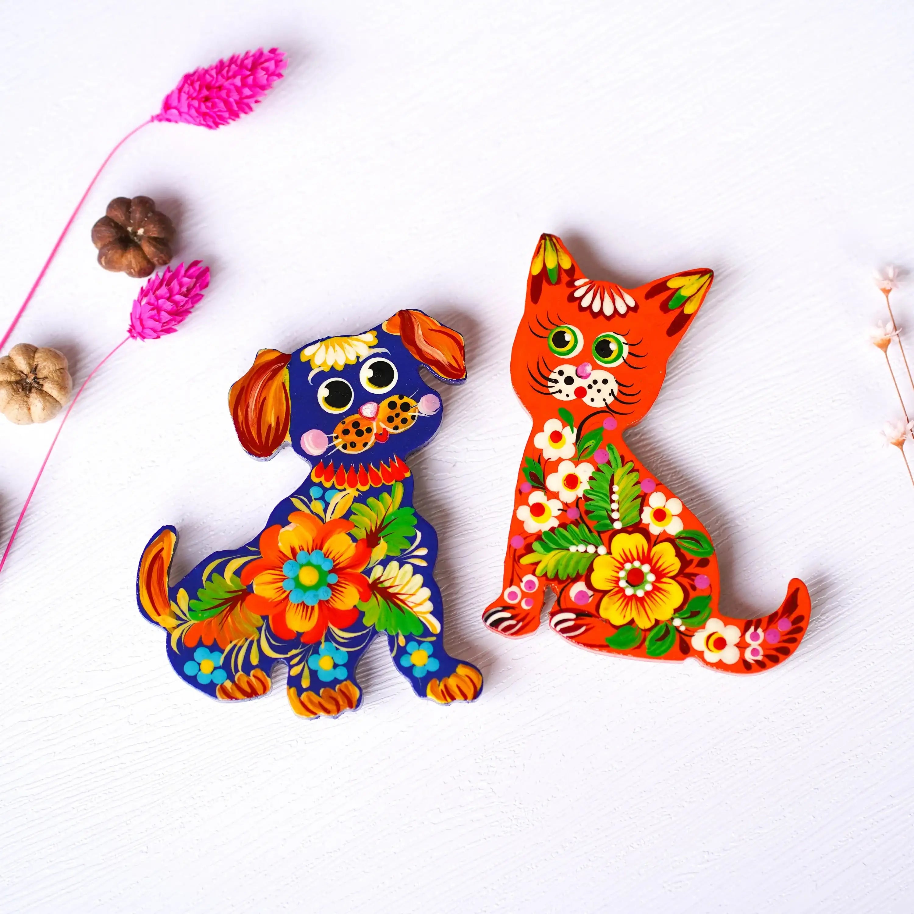 Painted Wooden Fridge Magnet - Personalized Cat & Dog Petrykivka Magnets, Handmade Ukrainian Funny Animal Silhouette Magnet