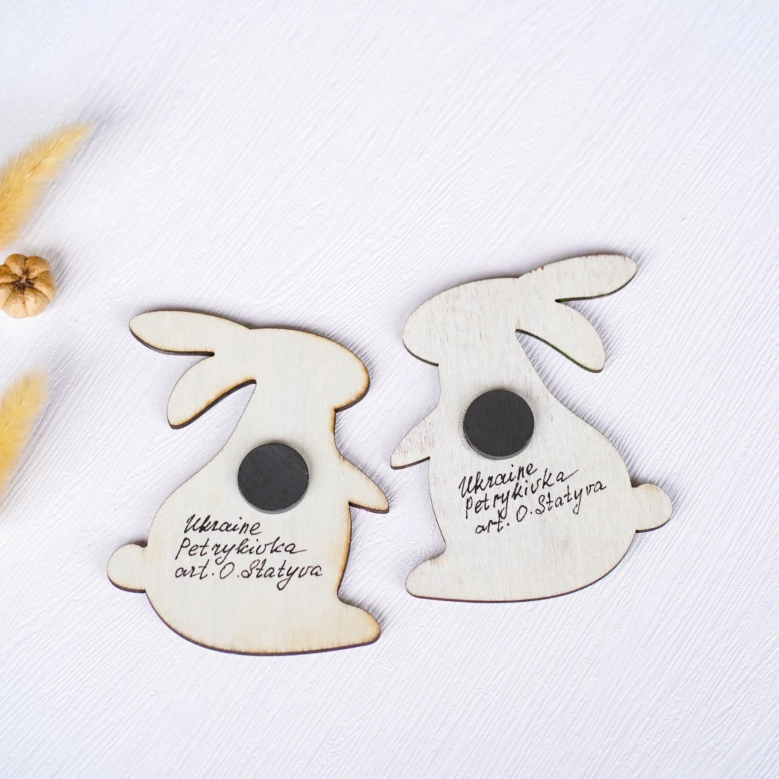 Painted Wooden Bunny Fridge Magnet, Personalized Petrykivka Easter Bunny Decorative Magnet