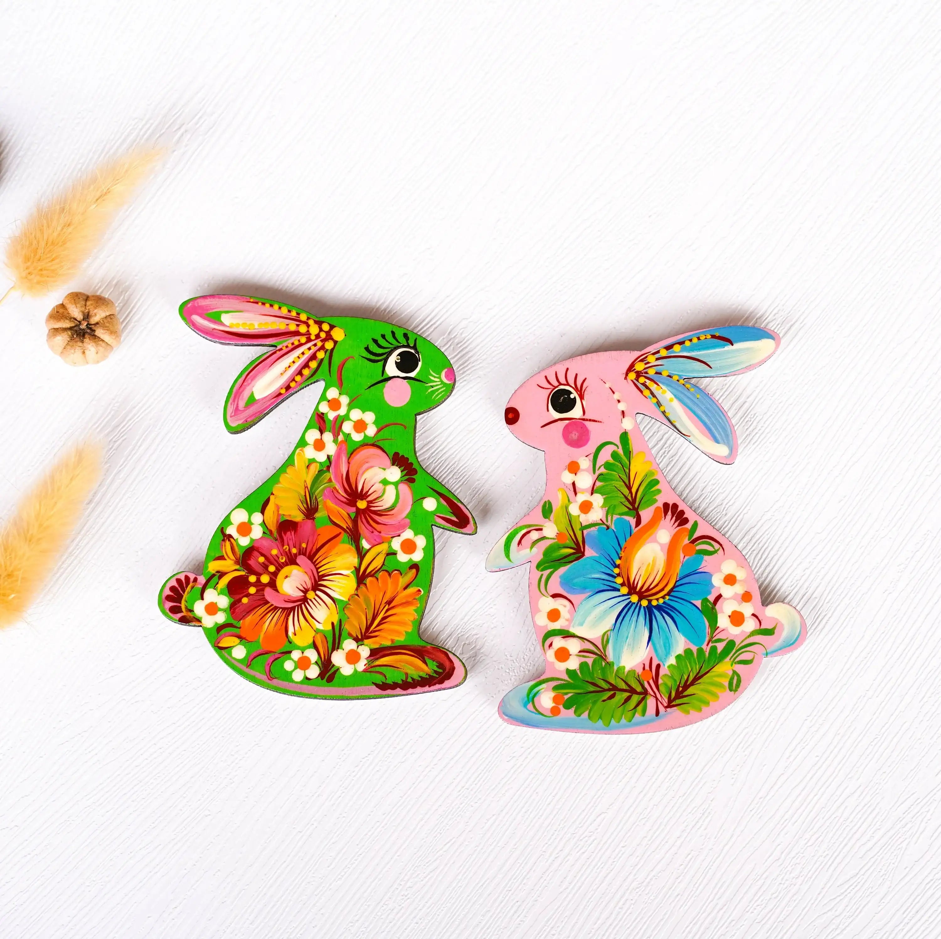 Painted Wooden Bunny Fridge Magnet, Personalized Petrykivka Easter Bunny Decorative Magnet