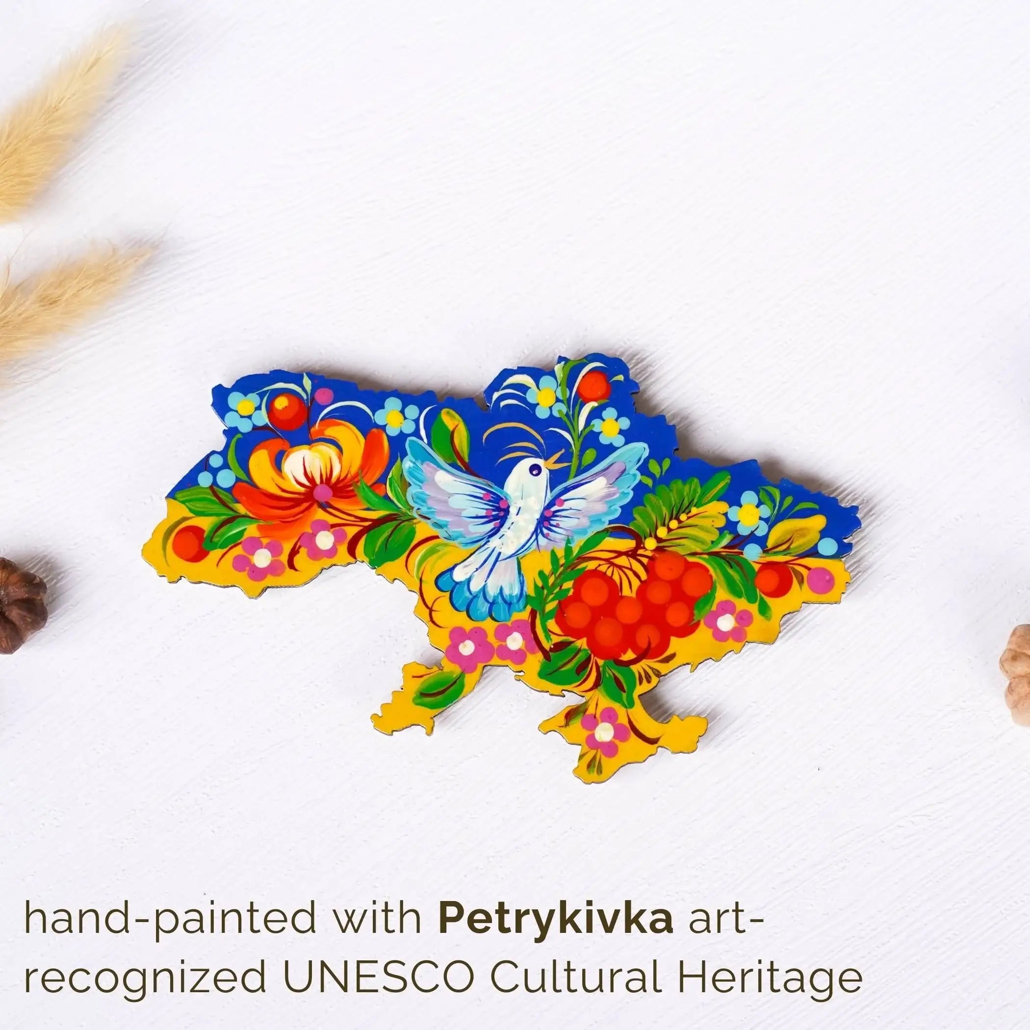 Painted Wooden Ukraine Map Fridge Magnet - Petrykivka Art Blue and Yellow Magnet, Ukrainian Bird Magnet, Carved Wooden Magnets