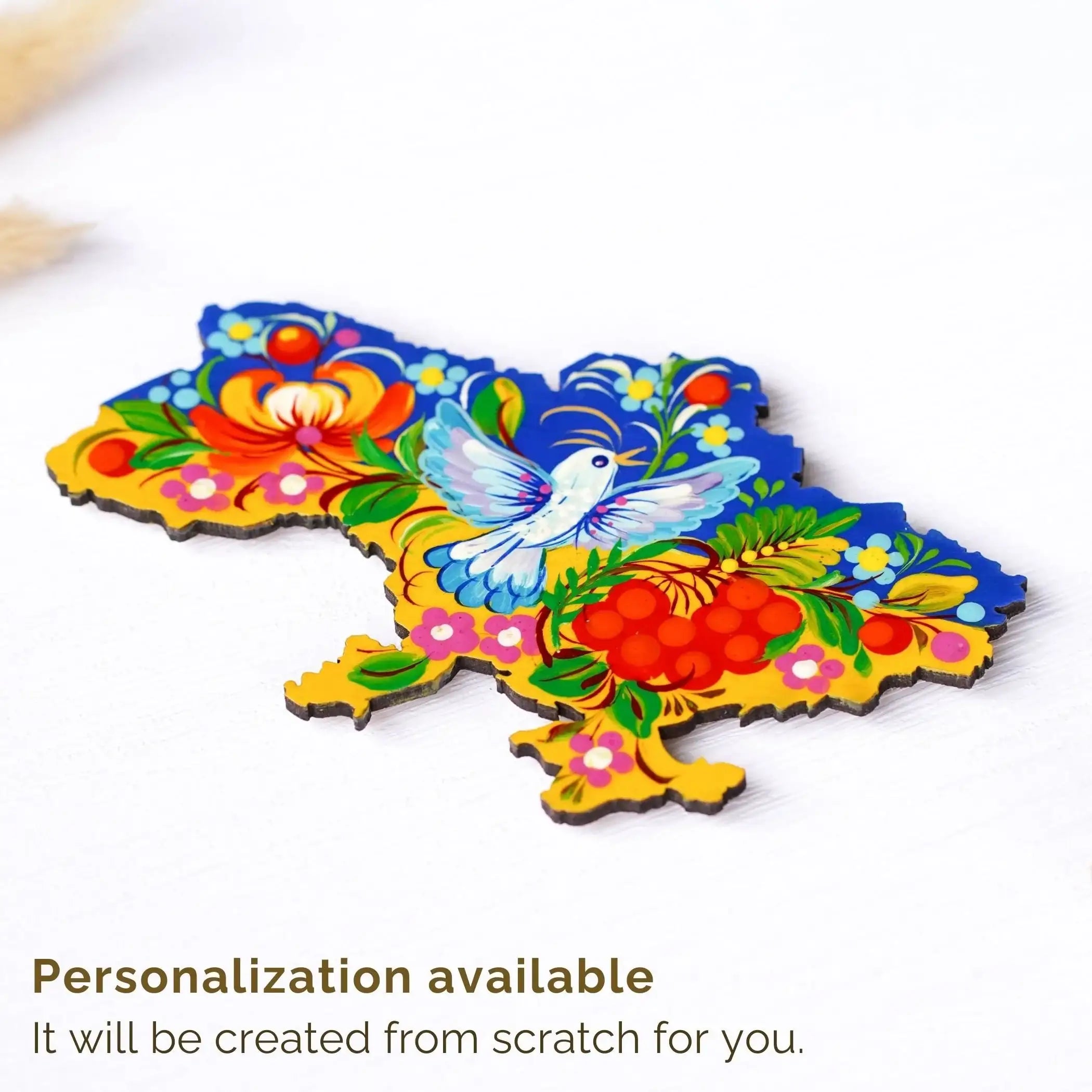 Painted Wooden Ukraine Map Fridge Magnet - Petrykivka Art Blue and Yellow Magnet, Ukrainian Bird Magnet, Carved Wooden Magnets