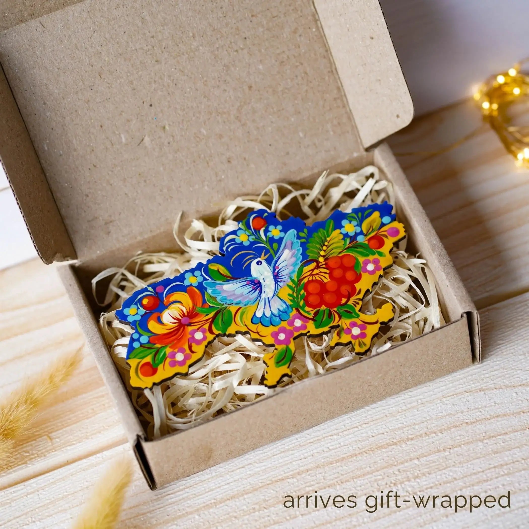 Painted Wooden Ukraine Map Fridge Magnet - Petrykivka Art Blue and Yellow Magnet, Ukrainian Bird Magnet, Carved Wooden Magnets