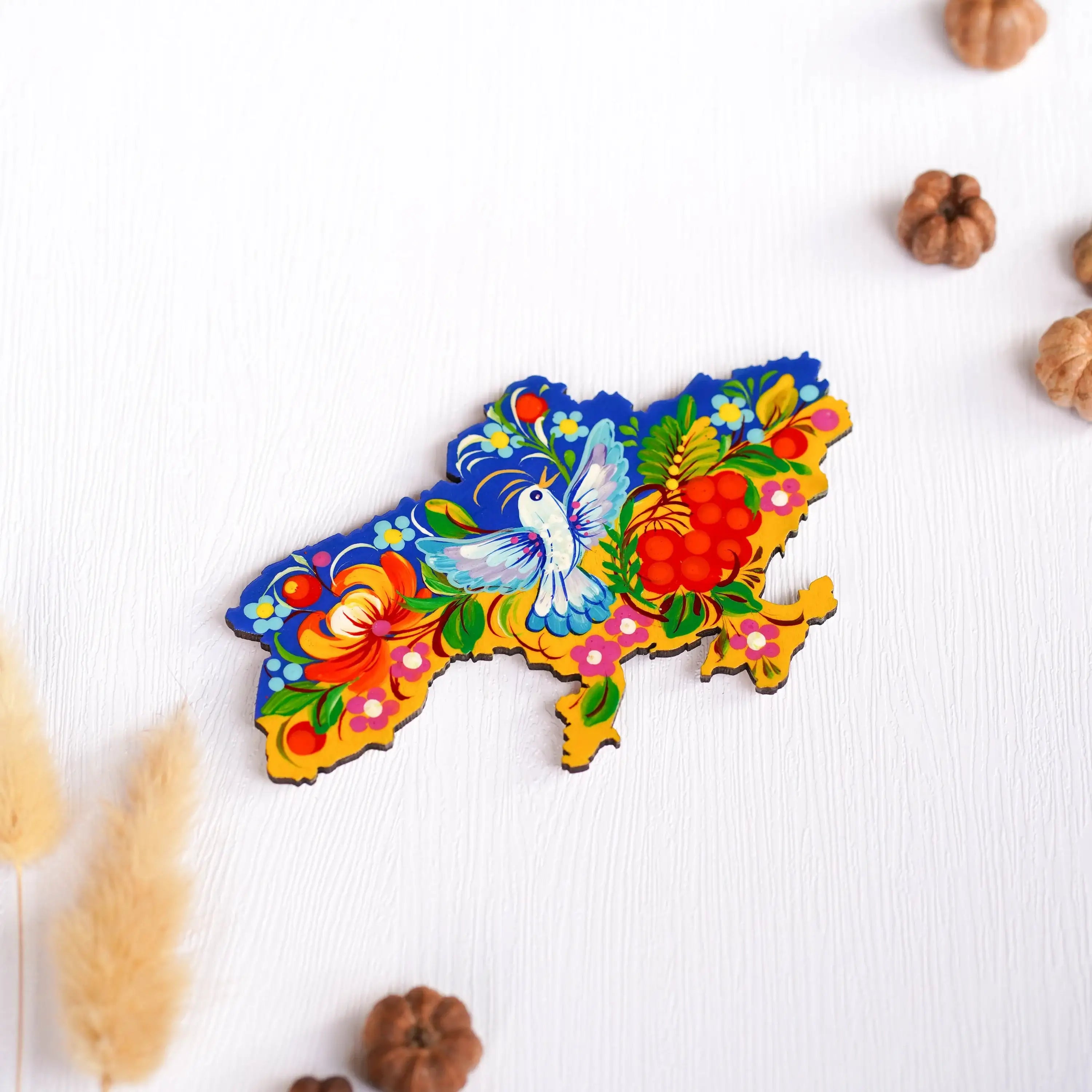 Painted Wooden Ukraine Map Fridge Magnet - Petrykivka Art Blue and Yellow Magnet, Ukrainian Bird Magnet, Carved Wooden Magnets