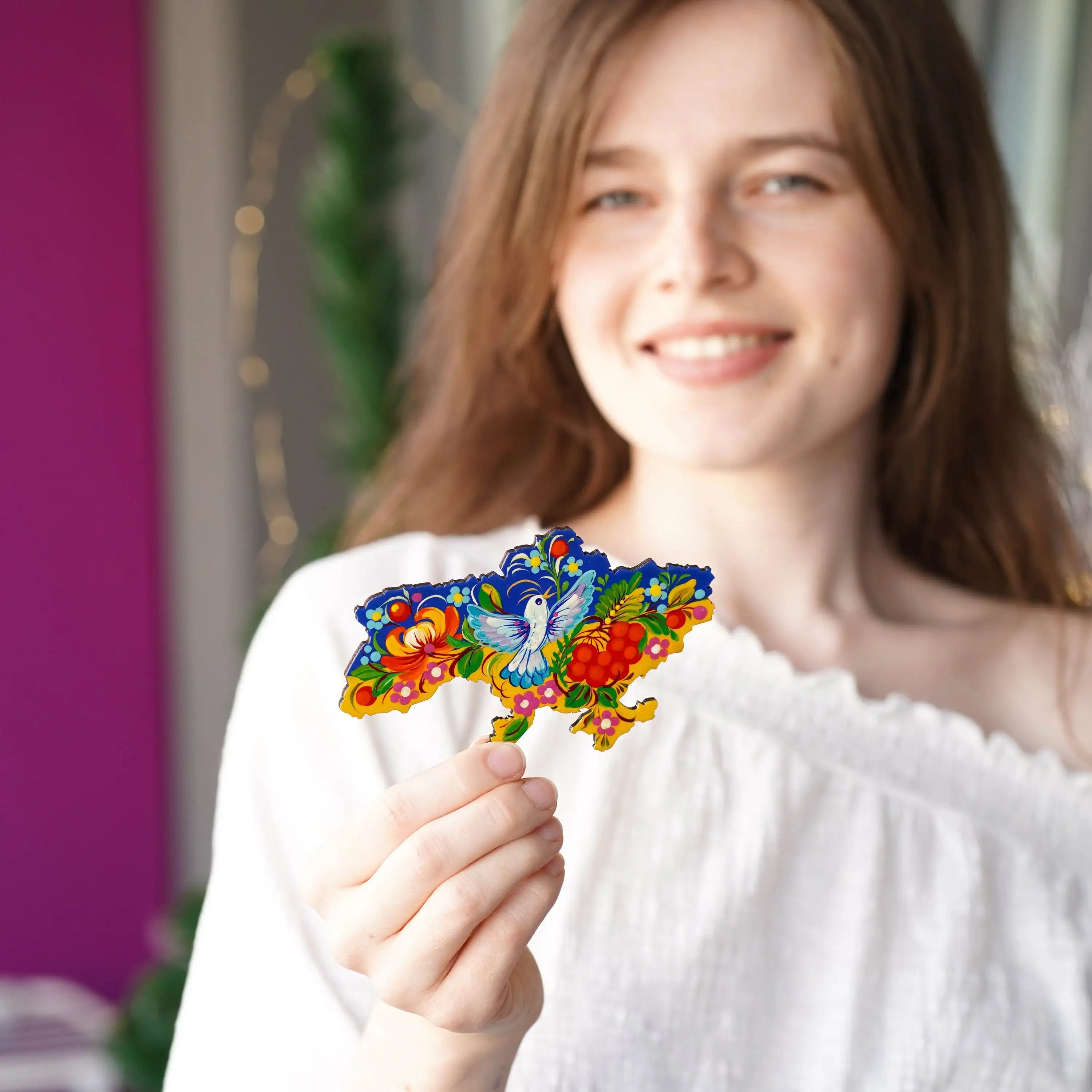 Painted Wooden Ukraine Map Fridge Magnet - Petrykivka Art Blue and Yellow Magnet, Ukrainian Bird Magnet, Carved Wooden Magnets