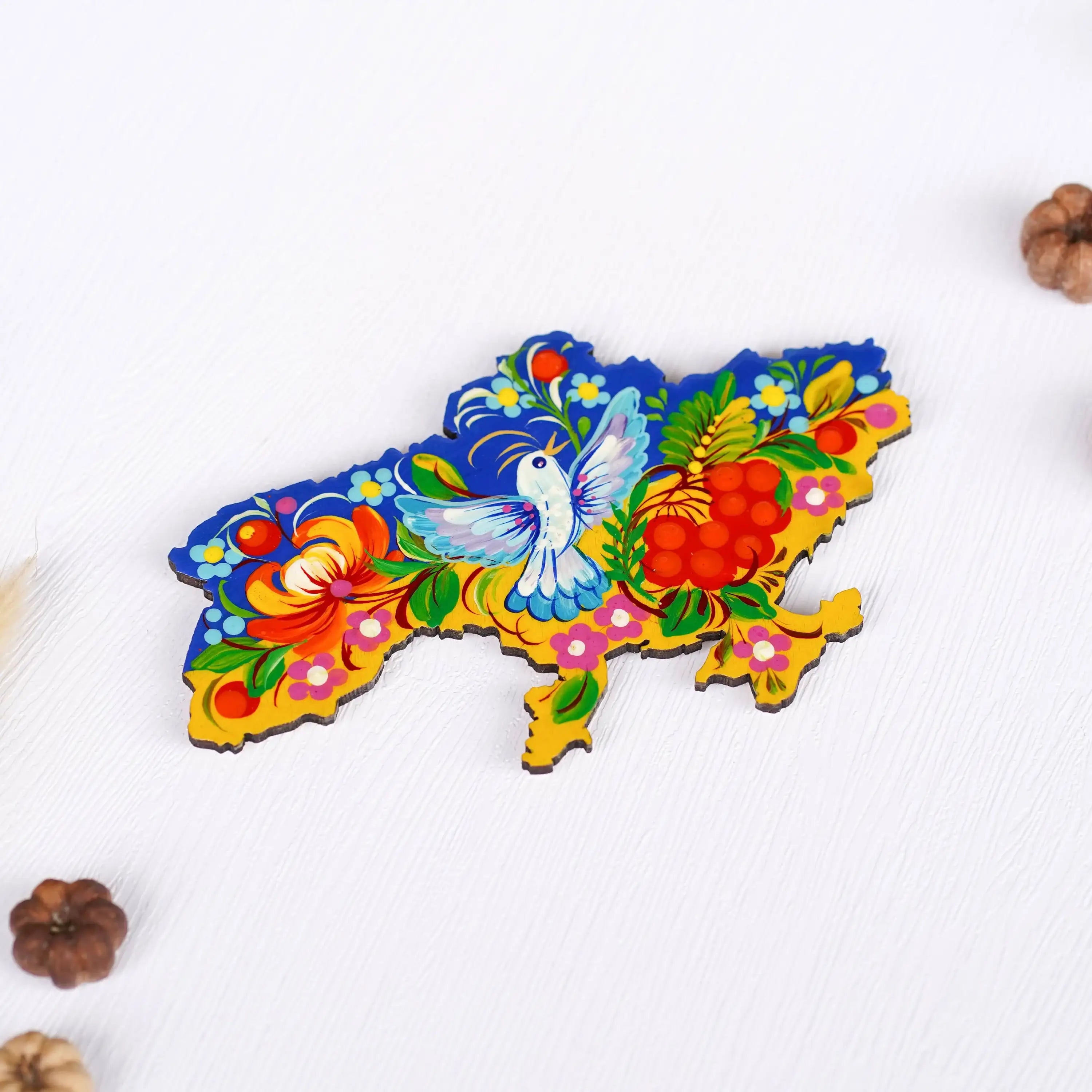Painted Wooden Ukraine Map Fridge Magnet - Petrykivka Art Blue and Yellow Magnet, Ukrainian Bird Magnet, Carved Wooden Magnets