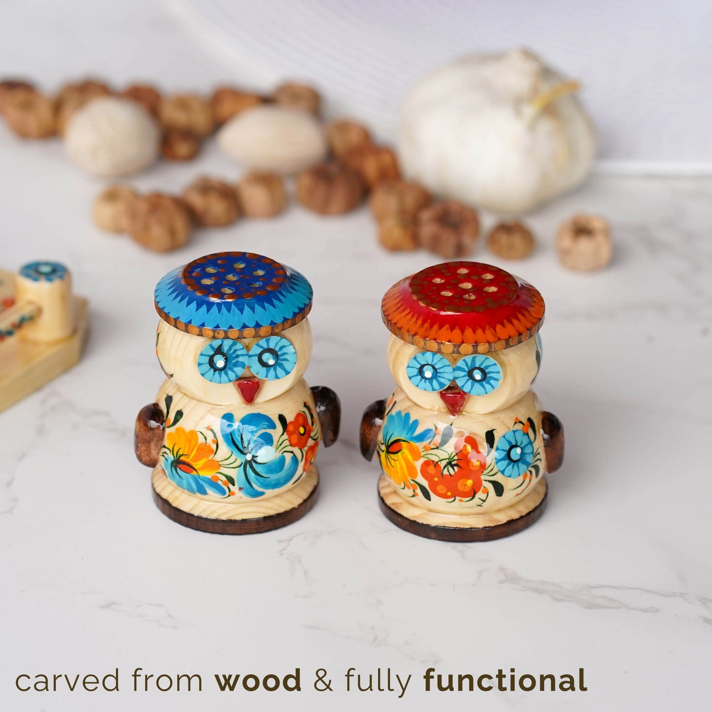 Wooden Salt & Pepper Shakers on Stand Set - Hand-painted Owl-Shaped Shakers with Petrykivka Art - Wall/Countertop Rack, Tight-Seal Lids