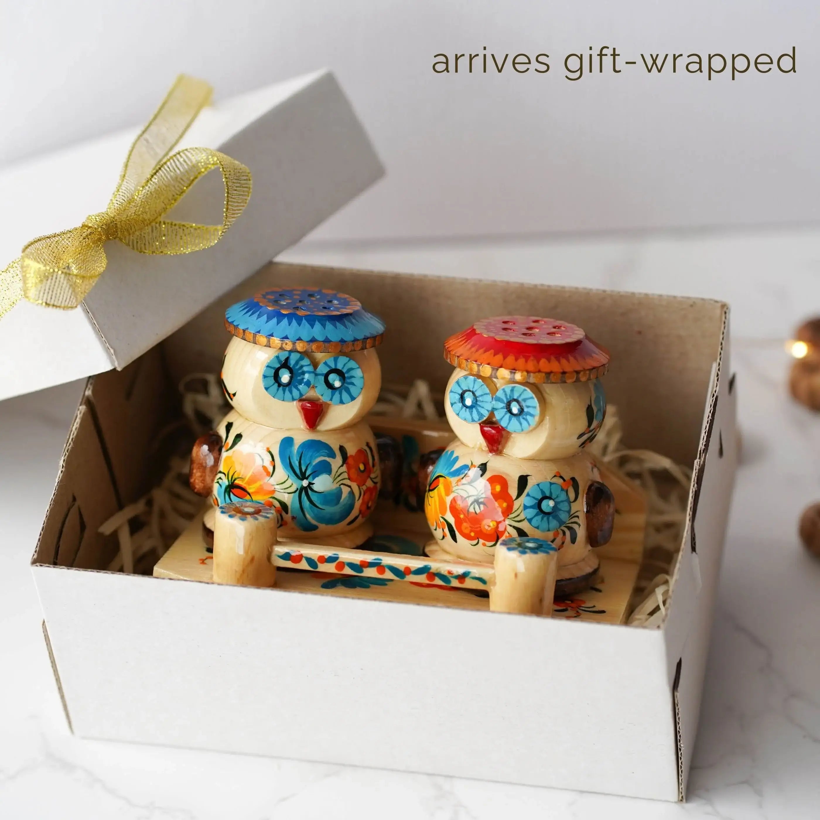 Wooden Salt & Pepper Shakers on Stand Set - Hand-painted Owl-Shaped Shakers with Petrykivka Art - Wall/Countertop Rack, Tight-Seal Lids