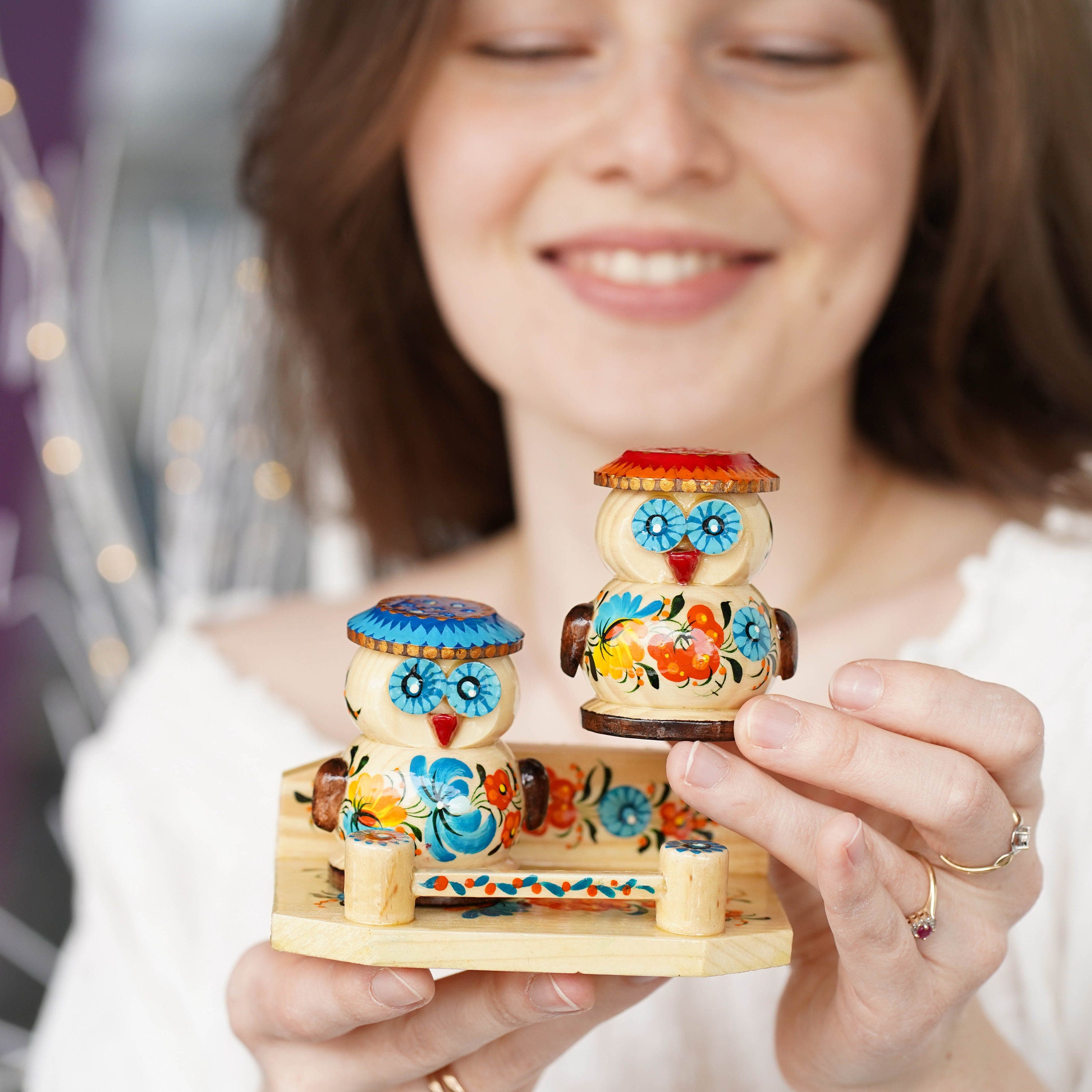 Wooden Salt & Pepper Shakers on Stand Set - Hand-painted Owl-Shaped Shakers with Petrykivka Art - Wall/Countertop Rack, Tight-Seal Lids