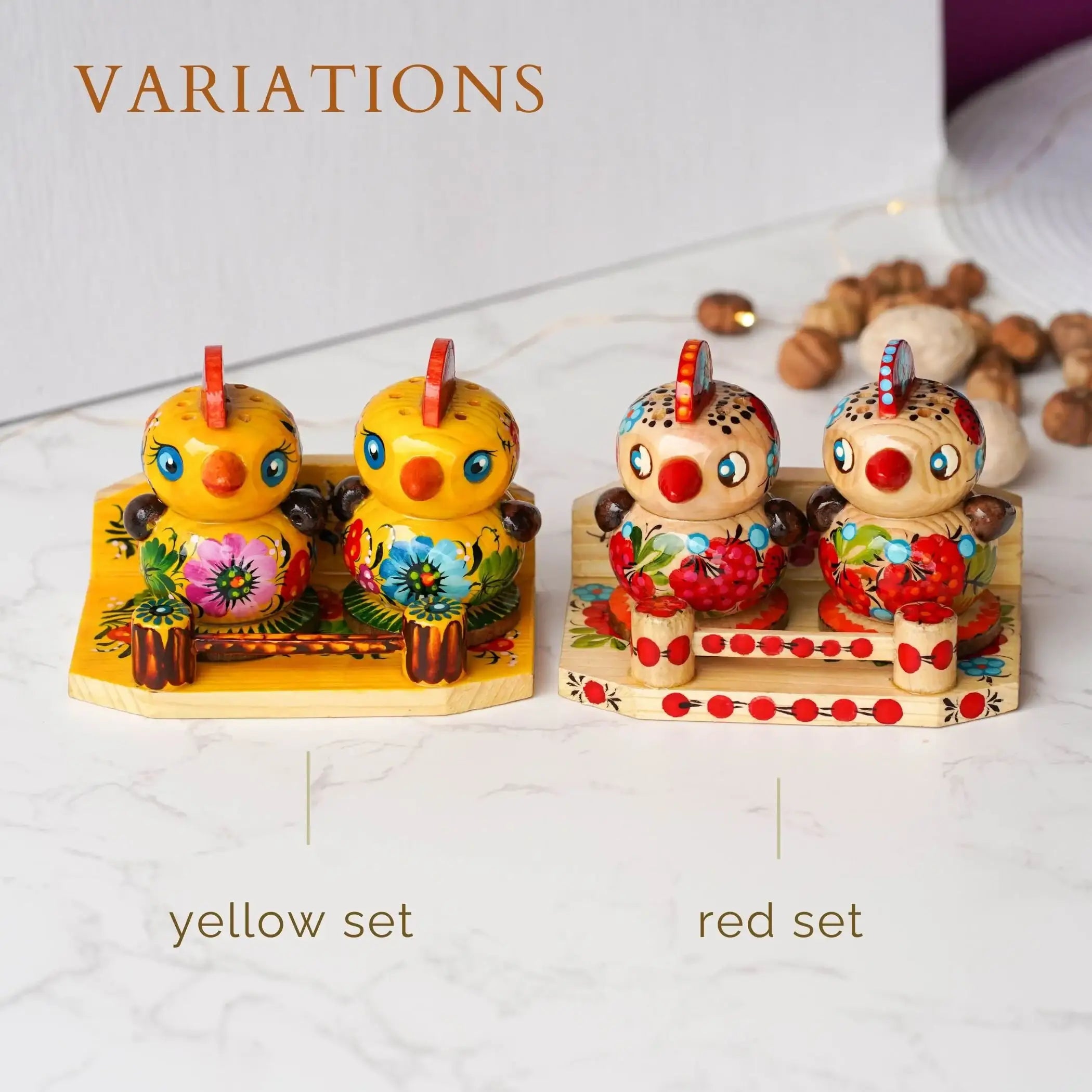 Handmade Wooden Salt & Pepper Shakers on Stand Set, Hand-painted Ukrainian Chicks Shakers with Petrykivka Art - Wall/Countertop Rack, Tight-Seal Lids