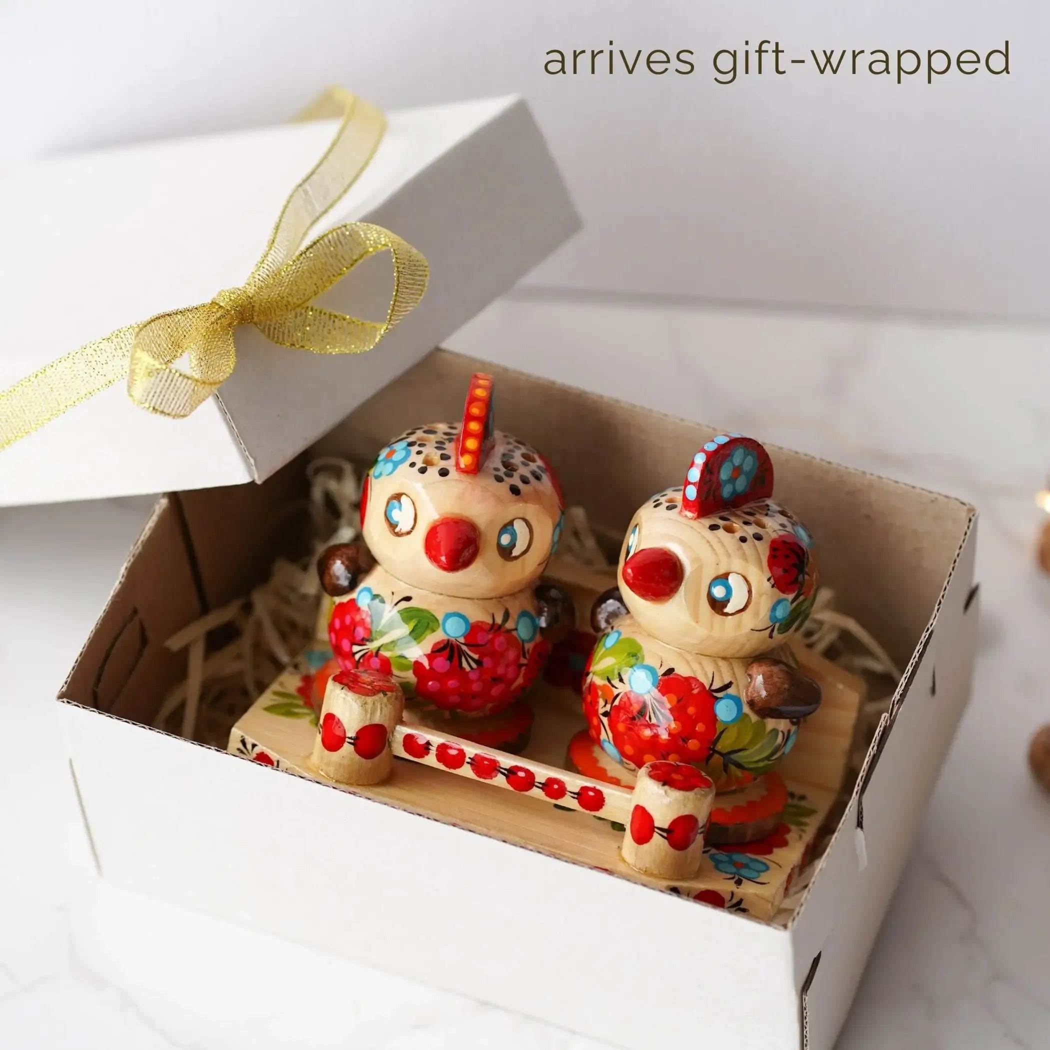 Handmade Wooden Salt & Pepper Shakers on Stand Set, Hand-painted Ukrainian Chicks Shakers with Petrykivka Art - Wall/Countertop Rack, Tight-Seal Lids