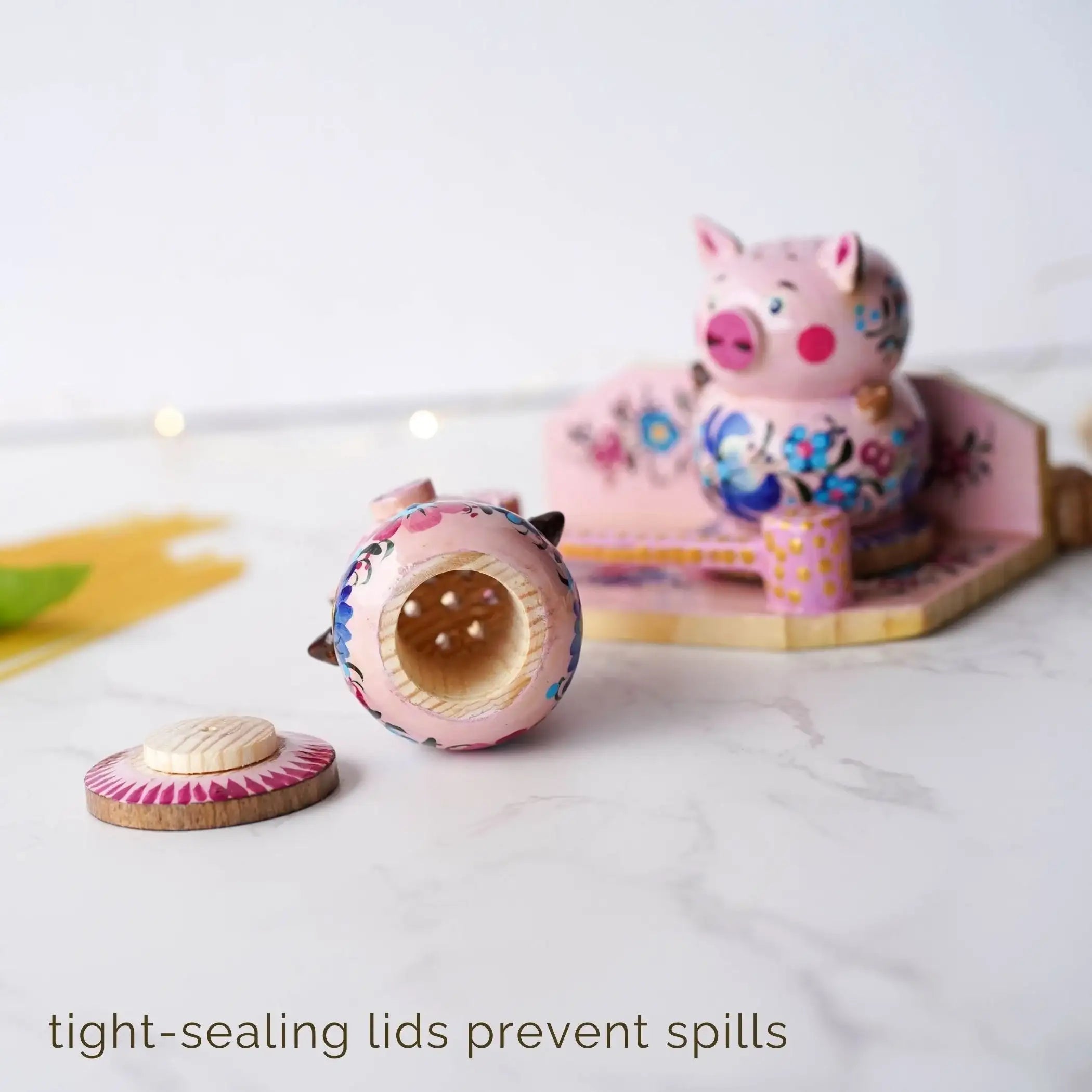 Hand-painted Wooden Salt & Pepper Shakers on Stand Set, Pink Flower Pigs Shakers with Petrykivka Art - Wall/Countertop Rack, Tight-Seal Lids
