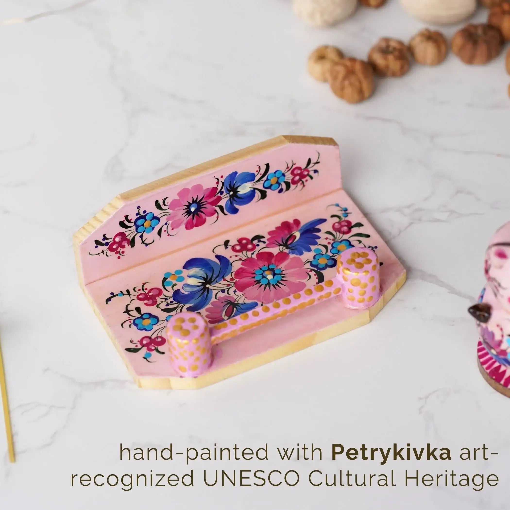 Hand-painted Wooden Salt & Pepper Shakers on Stand Set, Pink Flower Pigs Shakers with Petrykivka Art - Wall/Countertop Rack, Tight-Seal Lids