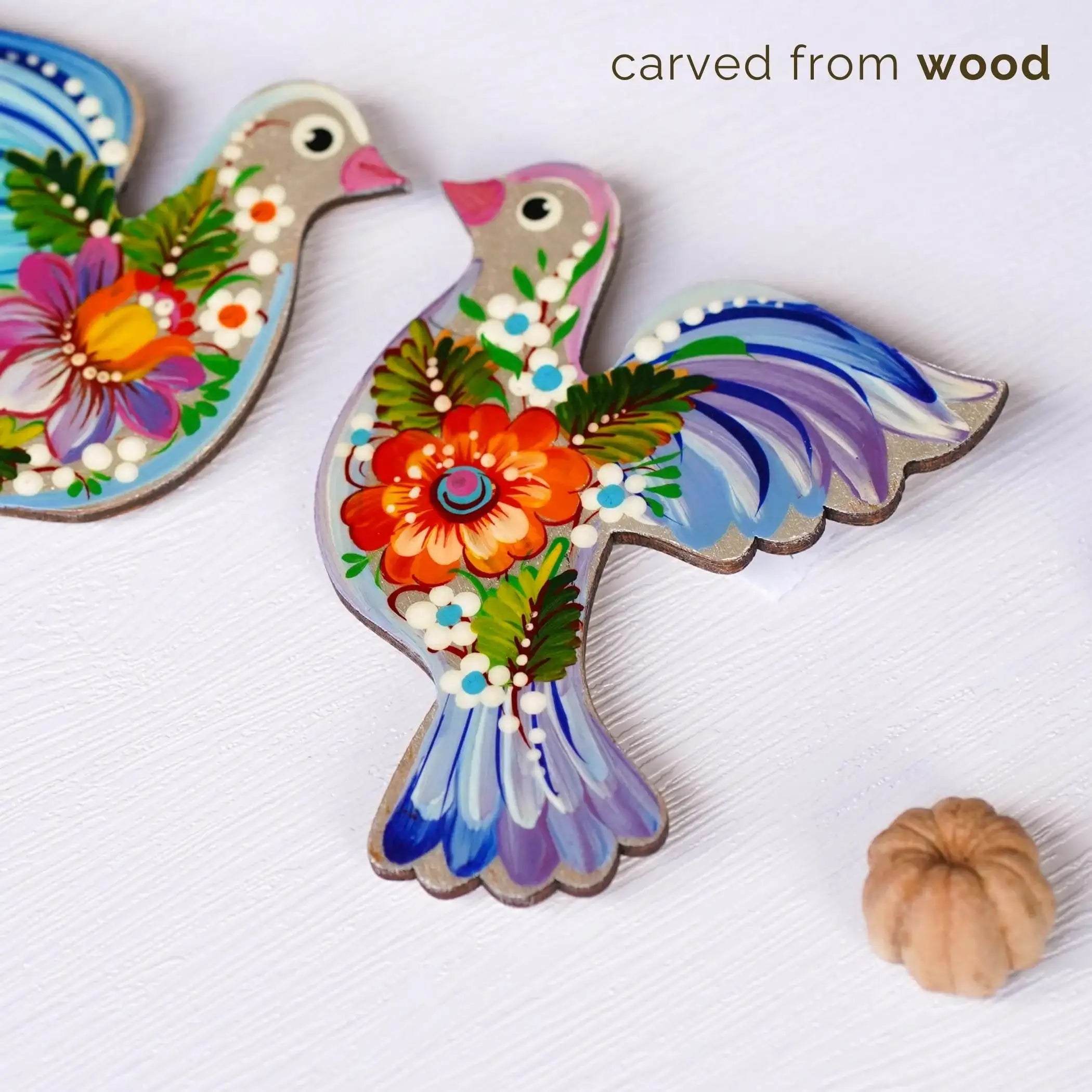 Set of 2 Painted Wooden Fridge Magnets - Personalized Petrykivka Painted Bird Magnets, Handmade Ukrainian Dove / Pigeon Magnets