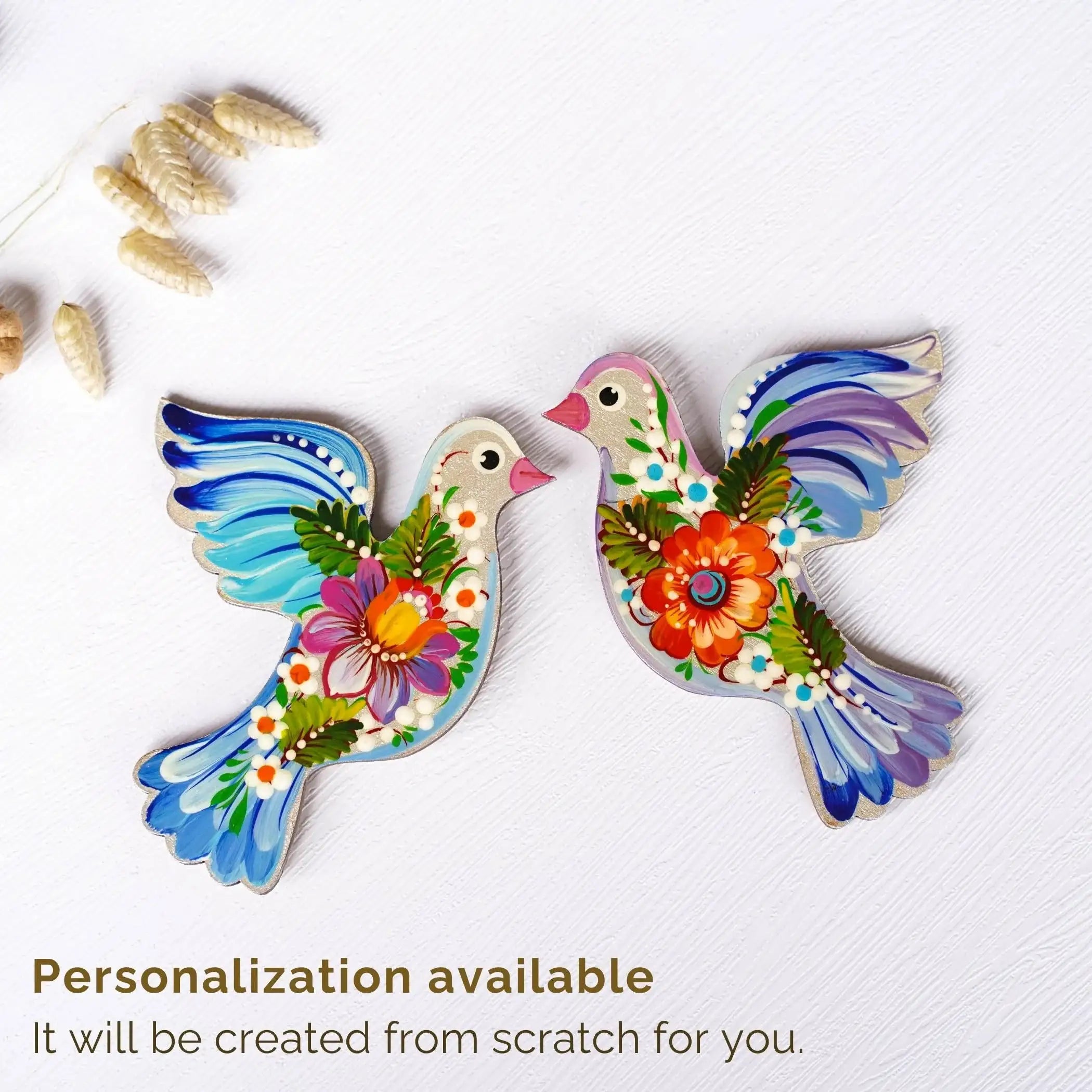Set of 2 Painted Wooden Fridge Magnets - Personalized Petrykivka Painted Bird Magnets, Handmade Ukrainian Dove / Pigeon Magnets