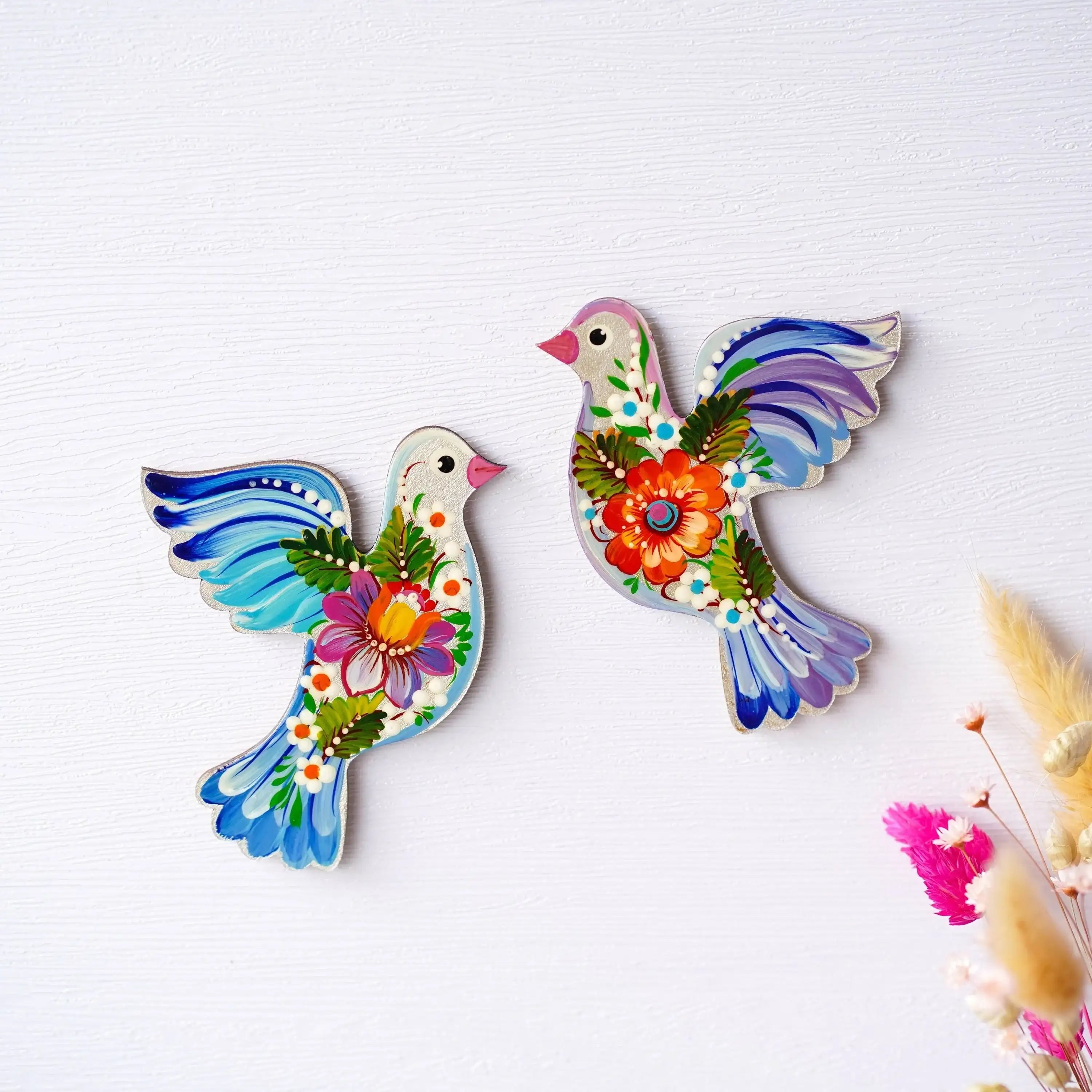 Set of 2 Painted Wooden Fridge Magnets - Personalized Petrykivka Painted Bird Magnets, Handmade Ukrainian Dove / Pigeon Magnets