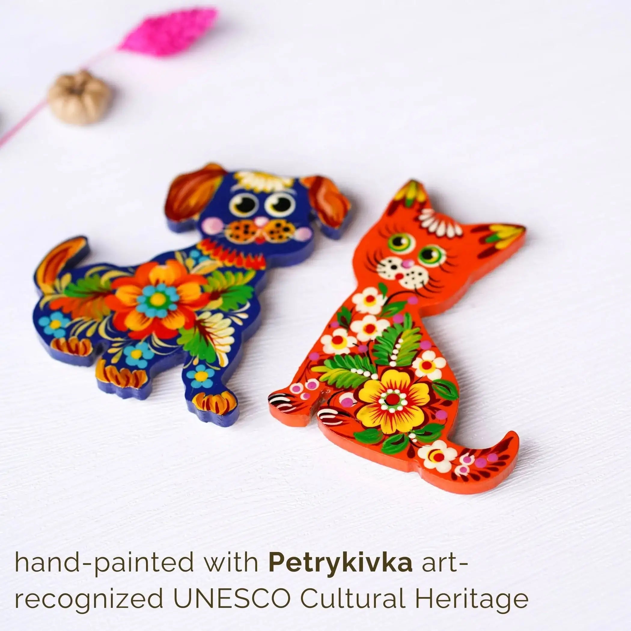 Painted Wooden Fridge Magnet - Personalized Cat & Dog Petrykivka Magnets, Handmade Ukrainian Funny Animal Silhouette Magnet