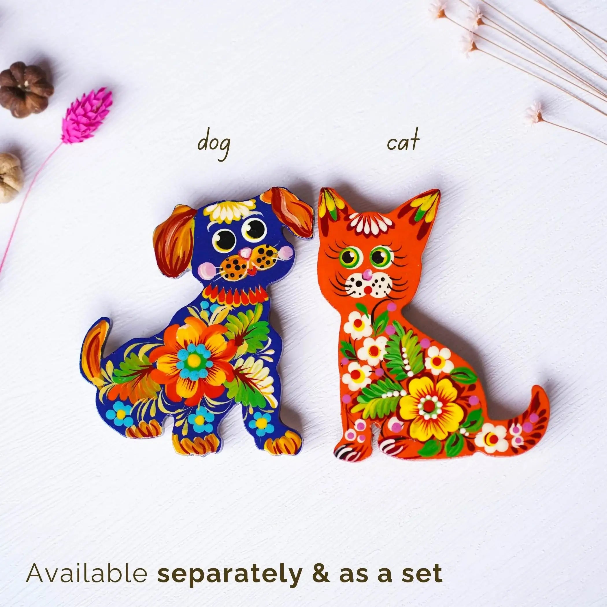Painted Wooden Fridge Magnet - Personalized Cat & Dog Petrykivka Magnets, Handmade Ukrainian Funny Animal Silhouette Magnet
