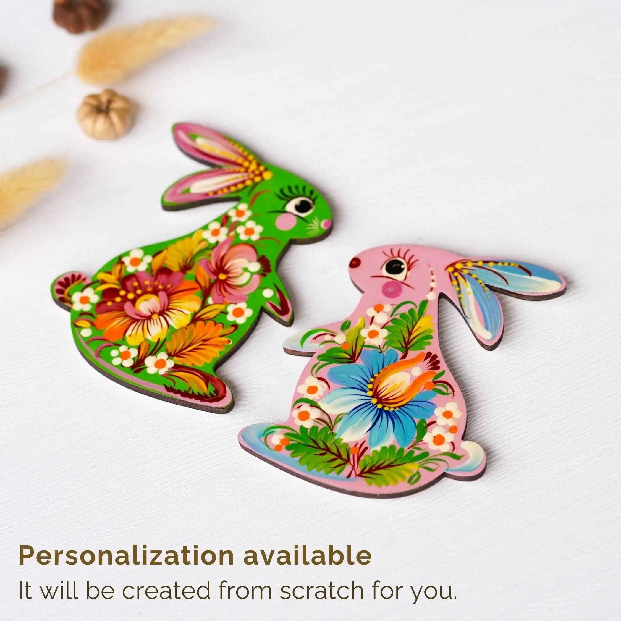 Painted Wooden Bunny Fridge Magnet, Personalized Petrykivka Easter Bunny Decorative Magnet