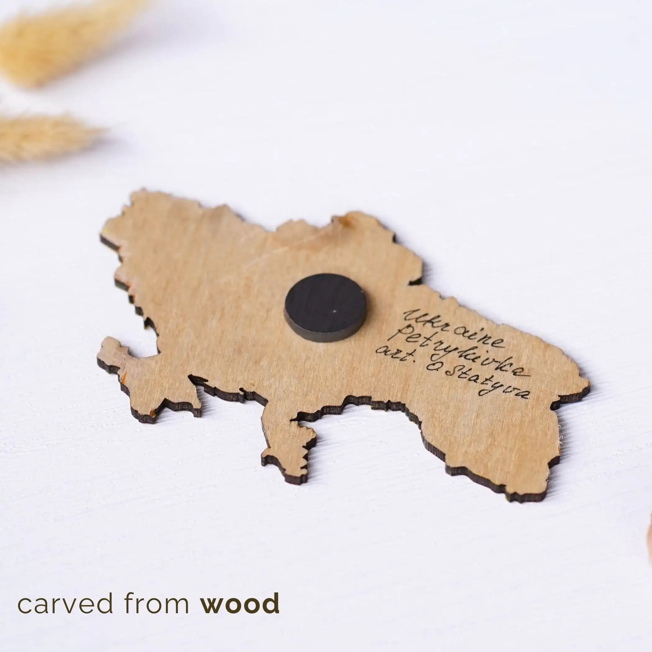 Painted Wooden Ukraine Map Fridge Magnet - Petrykivka Art Blue and Yellow Magnet, Ukrainian Bird Magnet, Carved Wooden Magnets