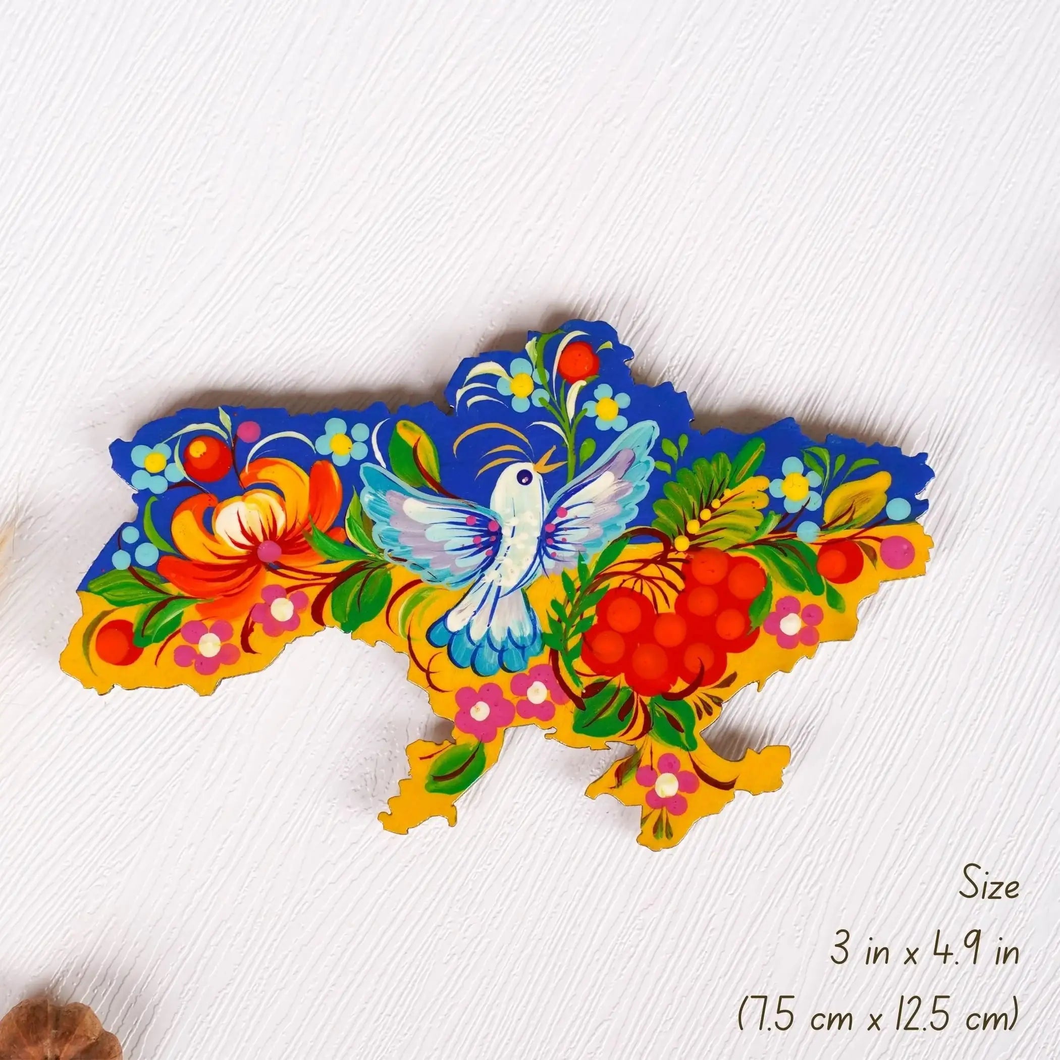 Painted Wooden Ukraine Map Fridge Magnet - Petrykivka Art Blue and Yellow Magnet, Ukrainian Bird Magnet, Carved Wooden Magnets