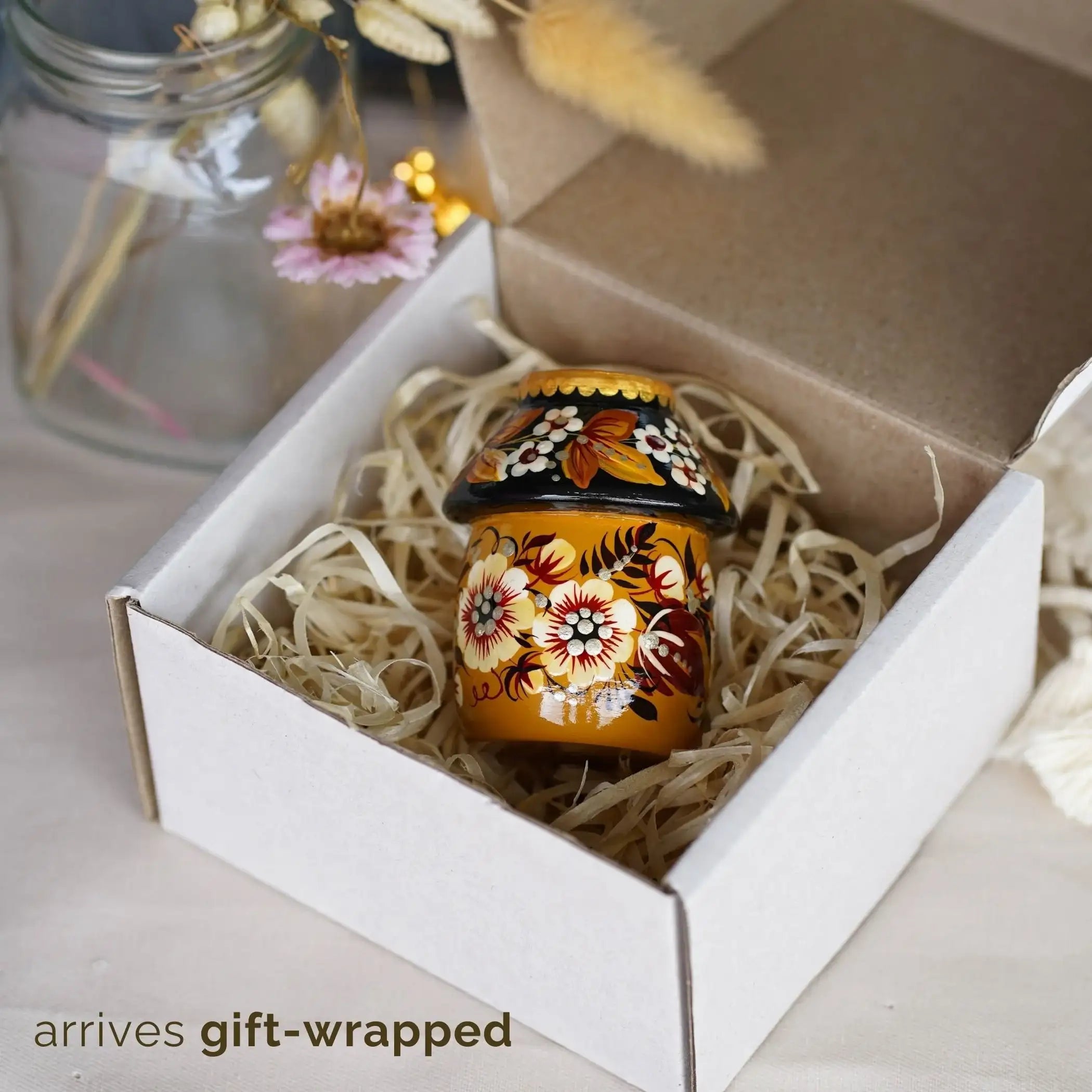 Toothpick Holder - Hand-painted Wooden Beige Flower Toothpick Holder, Ukrainian Petrykivka Housewarming Gift