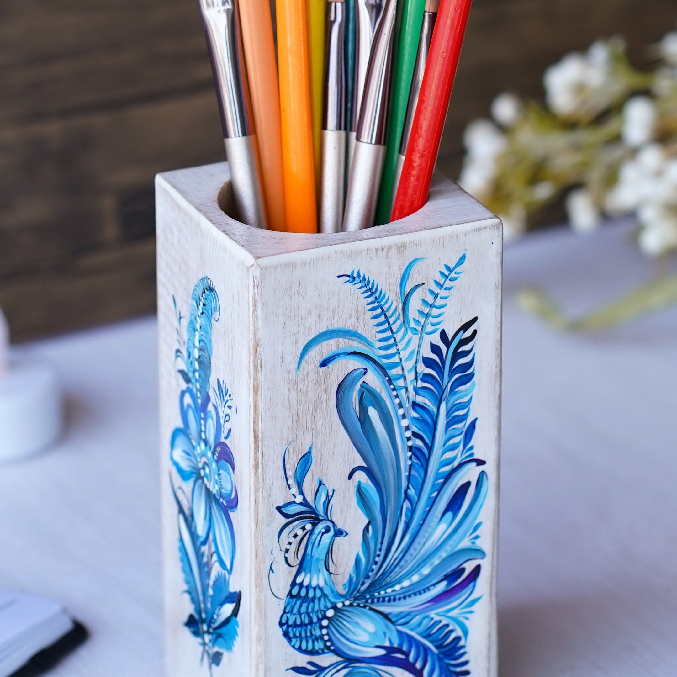 Painted Wooden Pencil Holder - Handmade Blue Fairy Bird Pen Holder, Ukrainian Petrykivka Art Desk Accessories, Wooden Pencil Cup