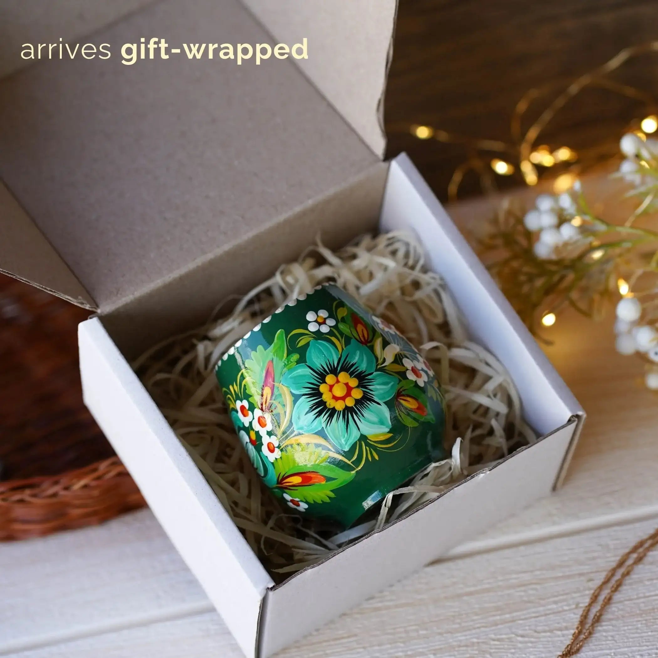 Painted Wooden Tea Light Candle Holder - Handmade Emereld Green Flower Candle Holder with Candle, Petrykivka Art