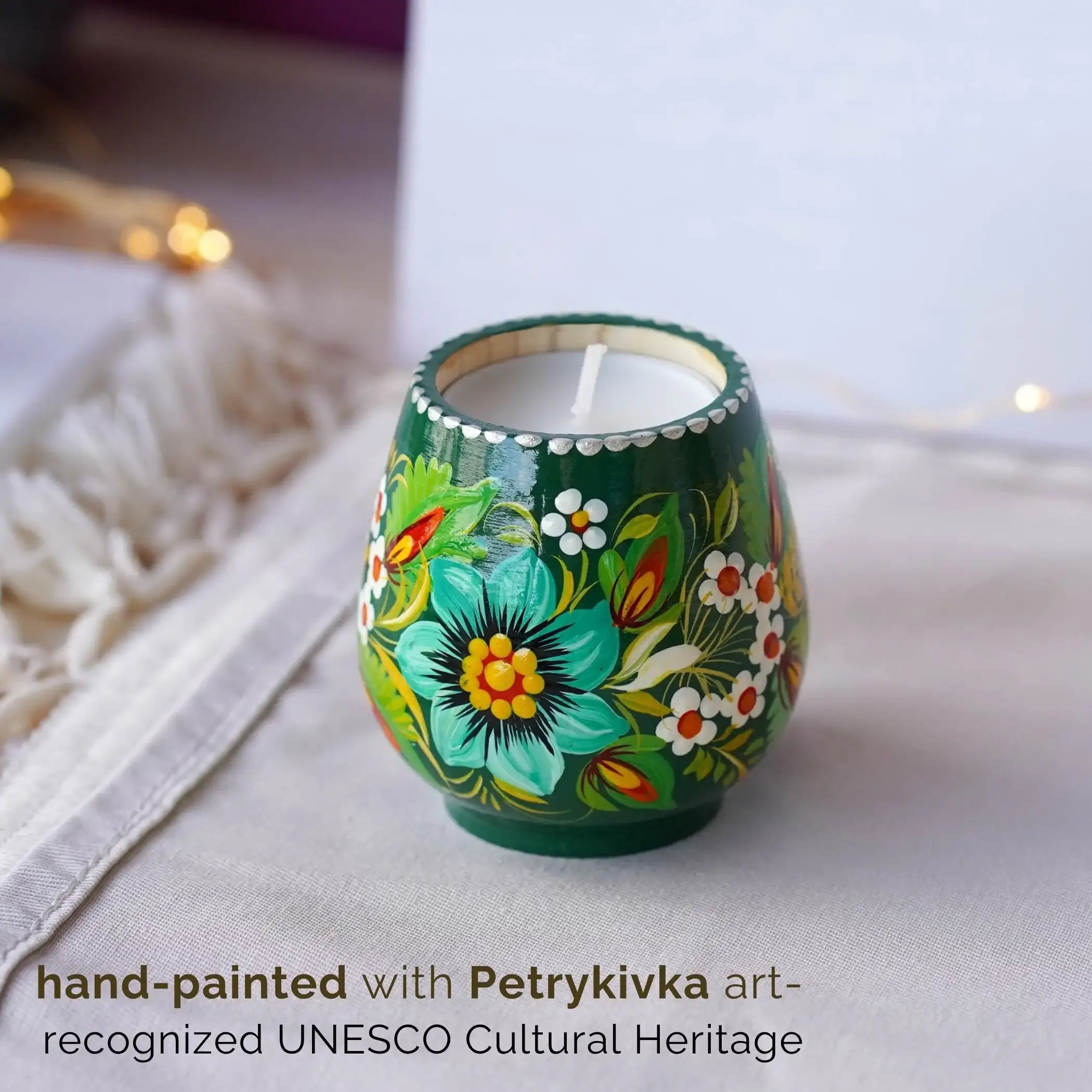 Painted Wooden Tea Light Candle Holder - Handmade Emereld Green Flower Candle Holder with Candle, Petrykivka Art