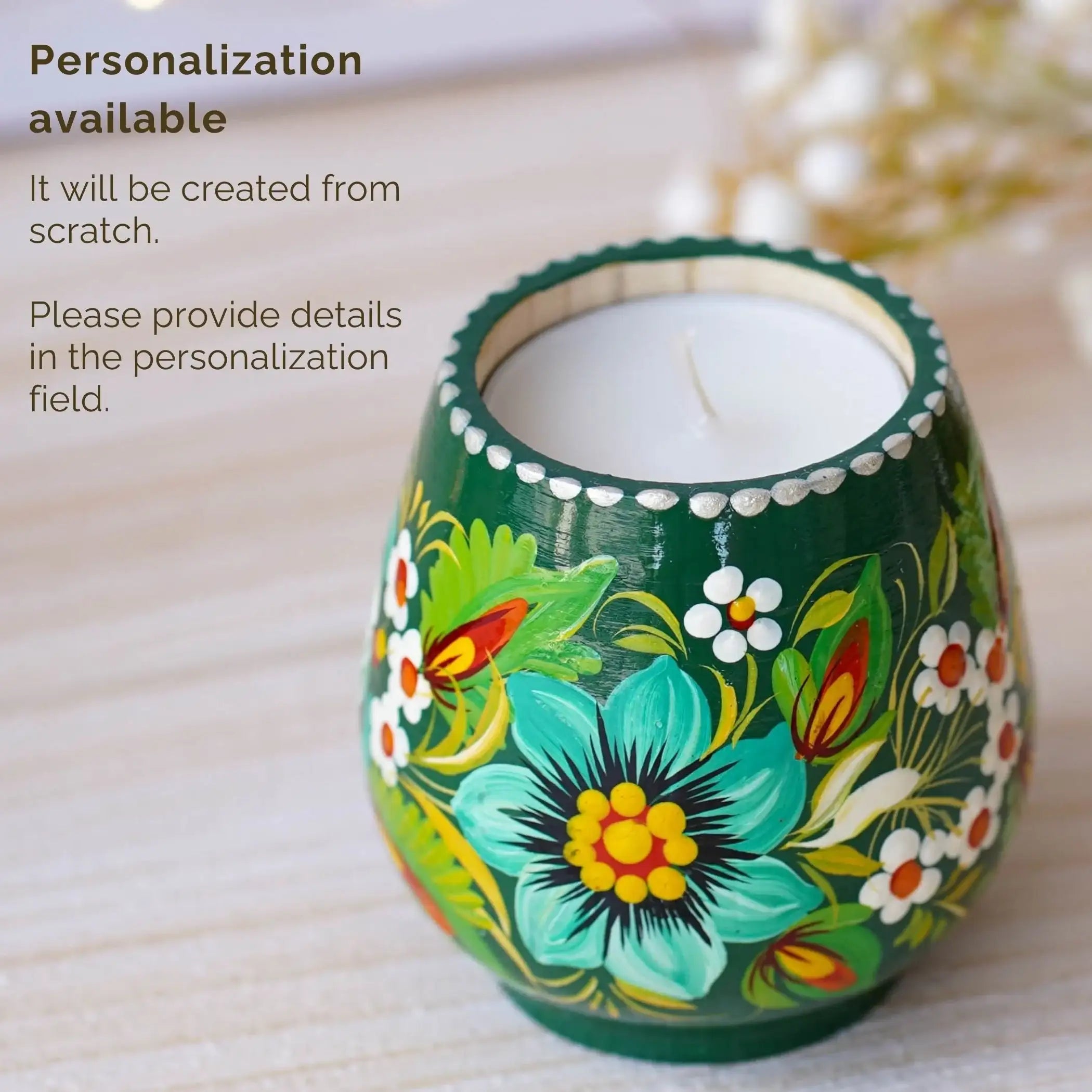 Painted Wooden Tea Light Candle Holder - Handmade Emereld Green Flower Candle Holder with Candle, Petrykivka Art