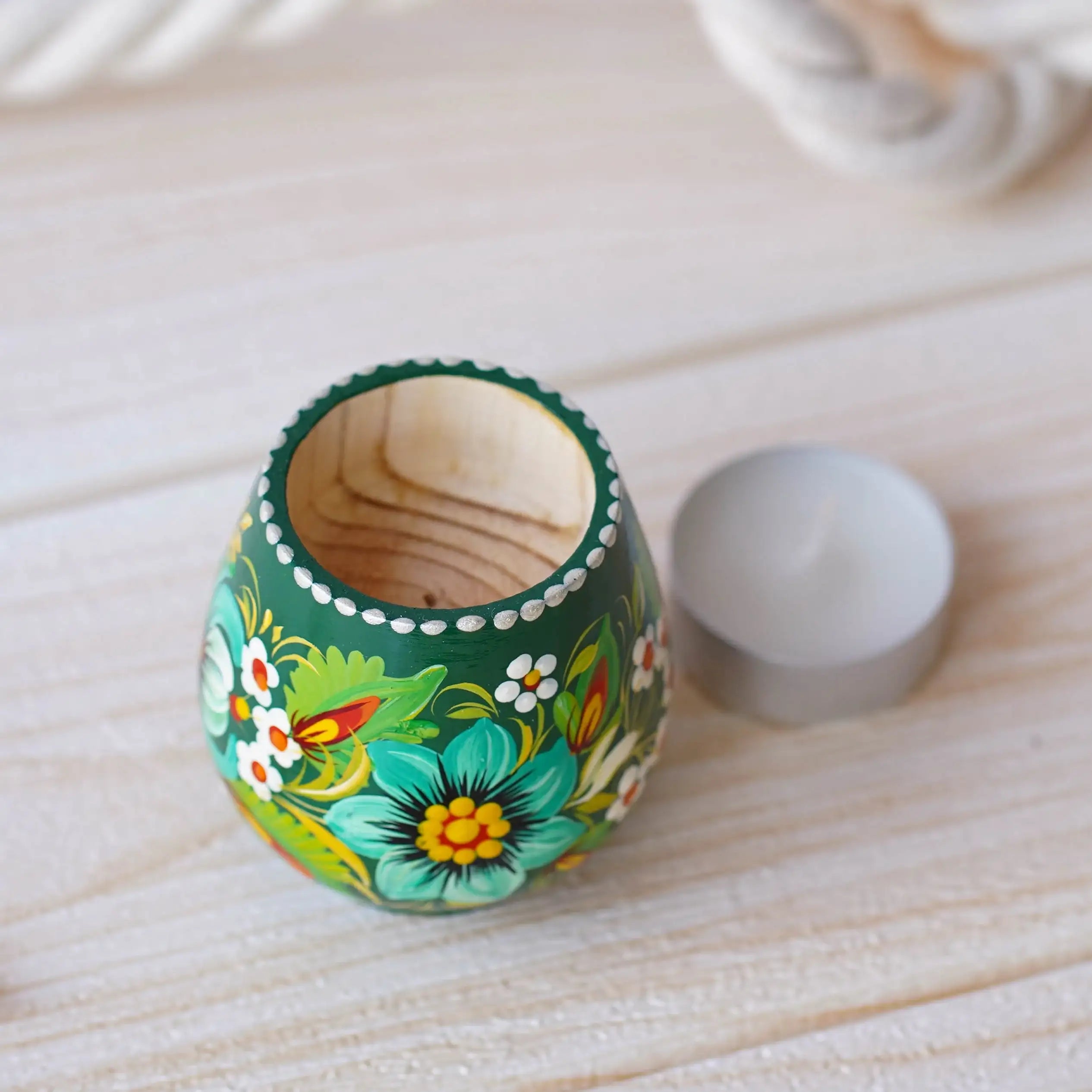 Painted Wooden Tea Light Candle Holder - Handmade Emereld Green Flower Candle Holder with Candle, Petrykivka Art