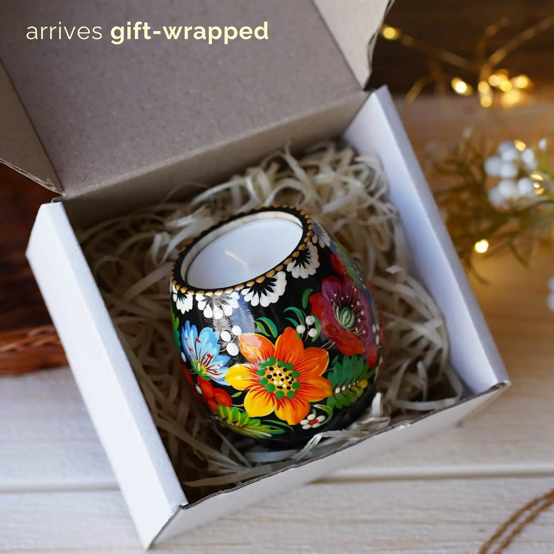 Painted Wooden Tea Light Candle Holder - Handmade Yellow Sunflower Candle Holder with Candle, Petrykivka Art