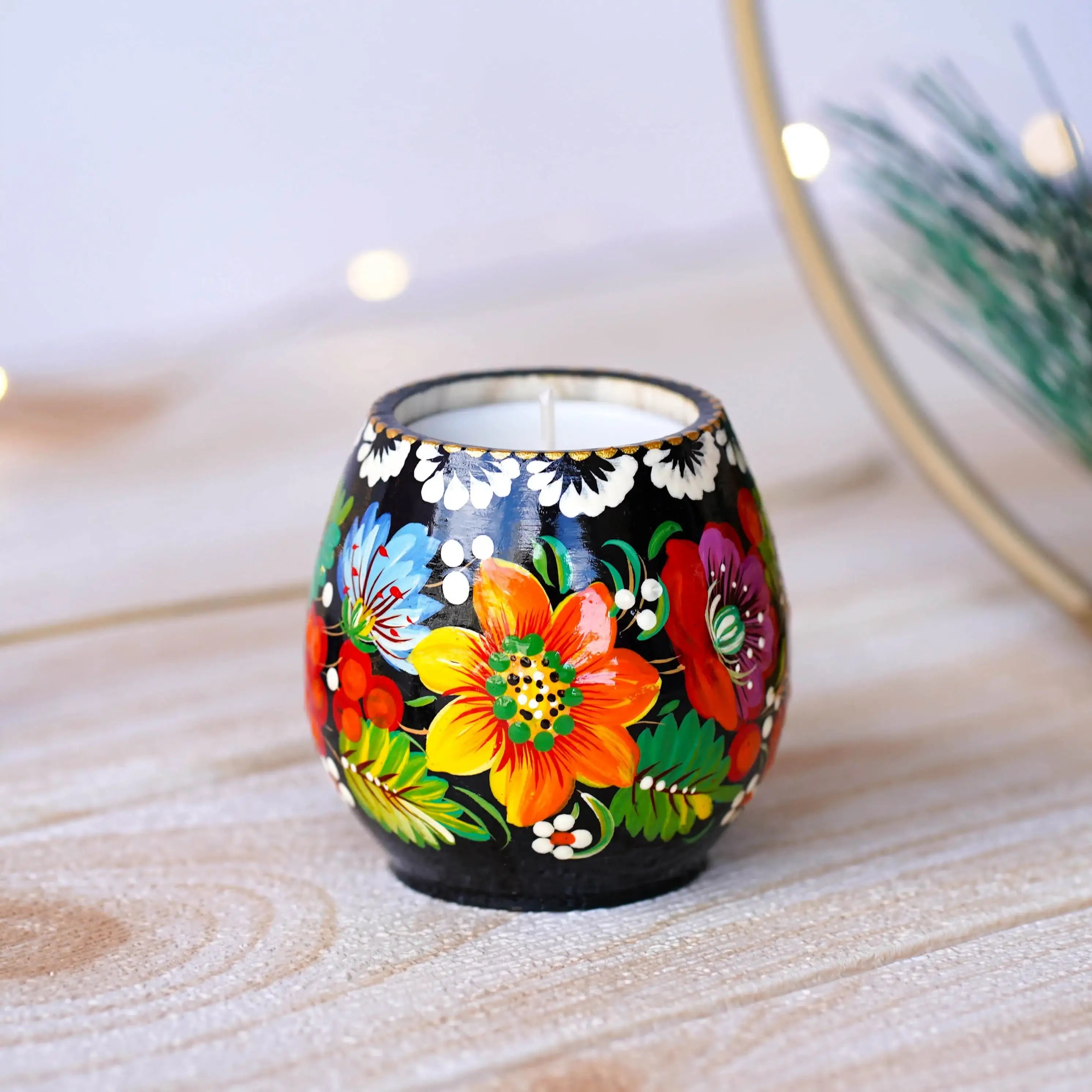 Painted Wooden Tea Light Candle Holder - Handmade Yellow Sunflower Candle Holder with Candle, Petrykivka Art