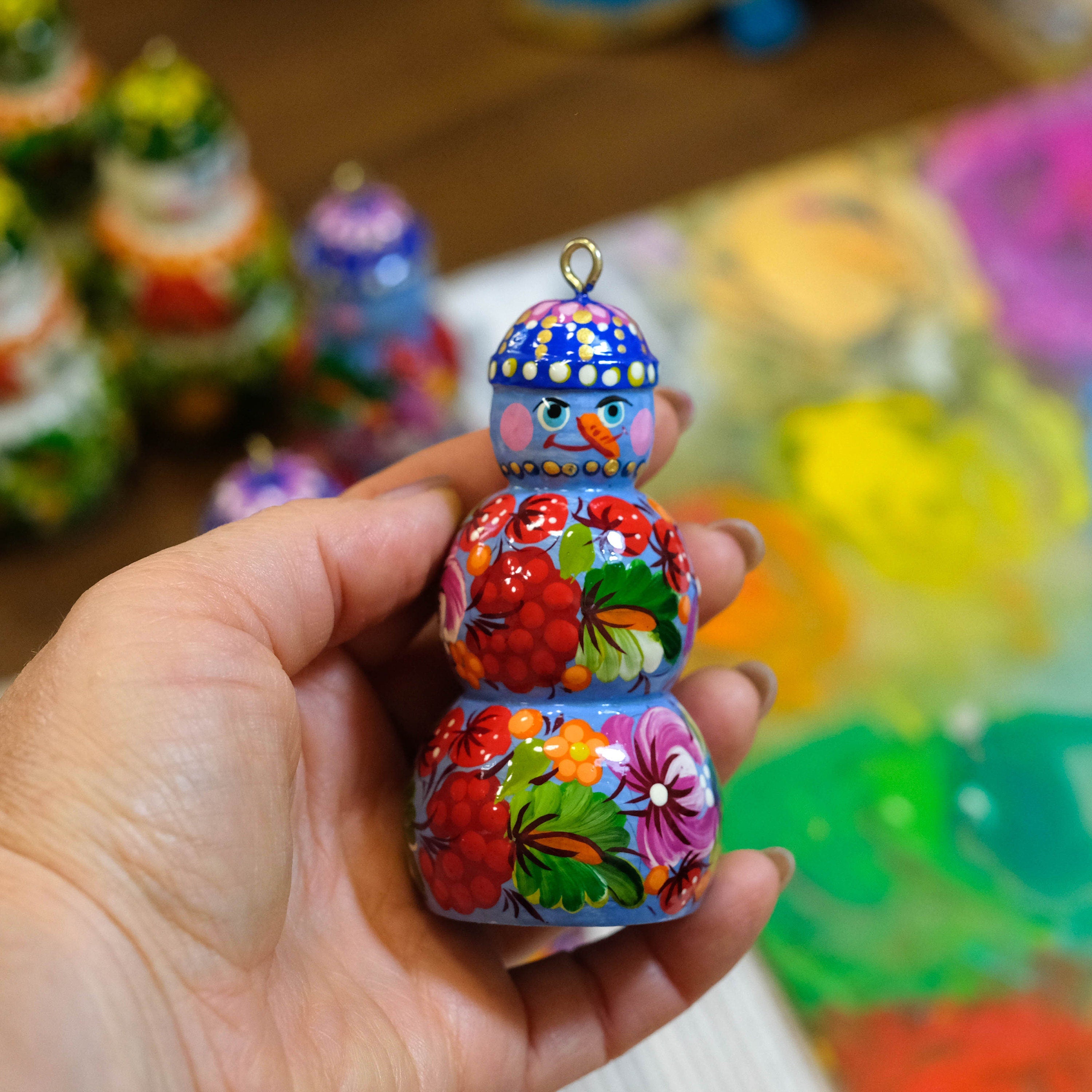 Painted Wooden Snowman Ornament, Handmade Naughty Snowman with Attitude Christmas Ornament, Ukrainian Christmas Tree Decoration, Petrykivka